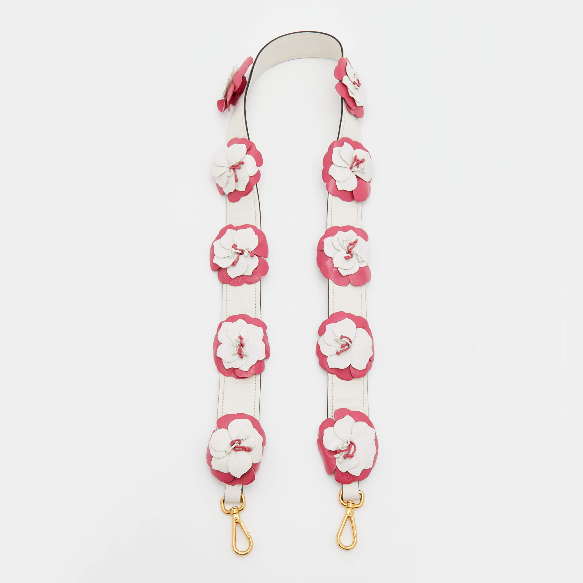 Pre Owned Prada White/Pink Leather Flower Details Bag Strap