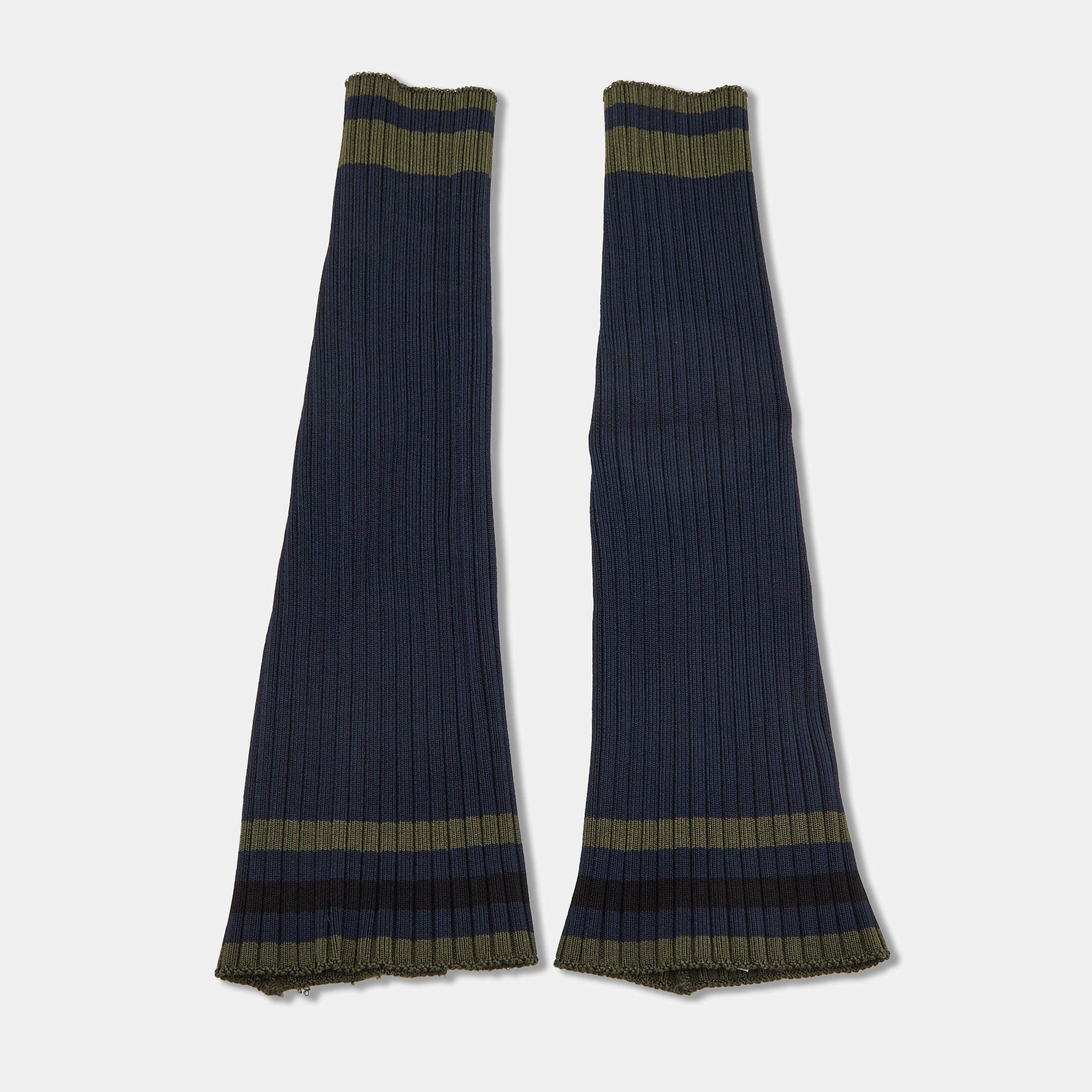 Prada Navy & Green Striped Rib Knit Leg Warmers