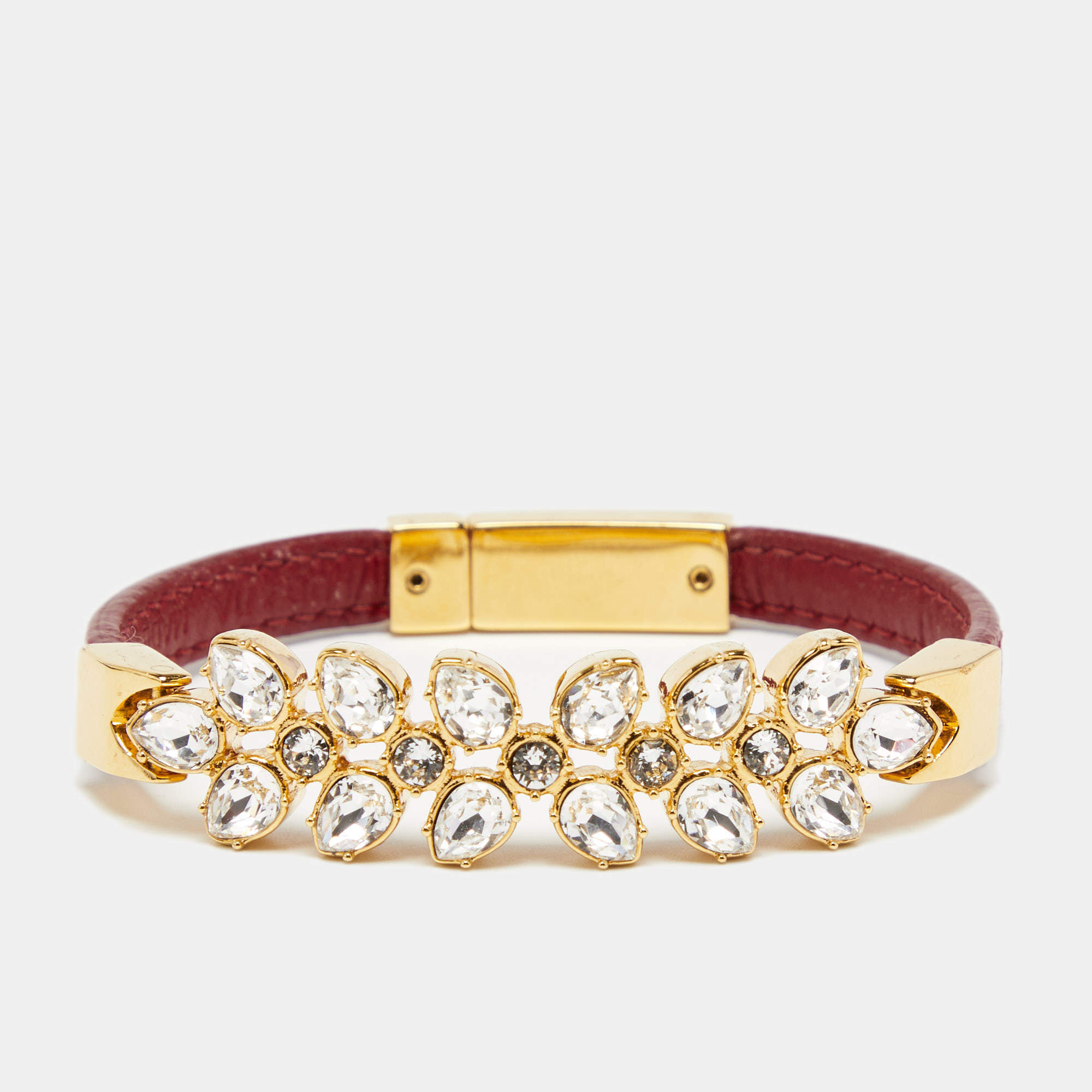 Pre Owned Prada Chic Crystals Red Leather Gold Tone Bracelet M