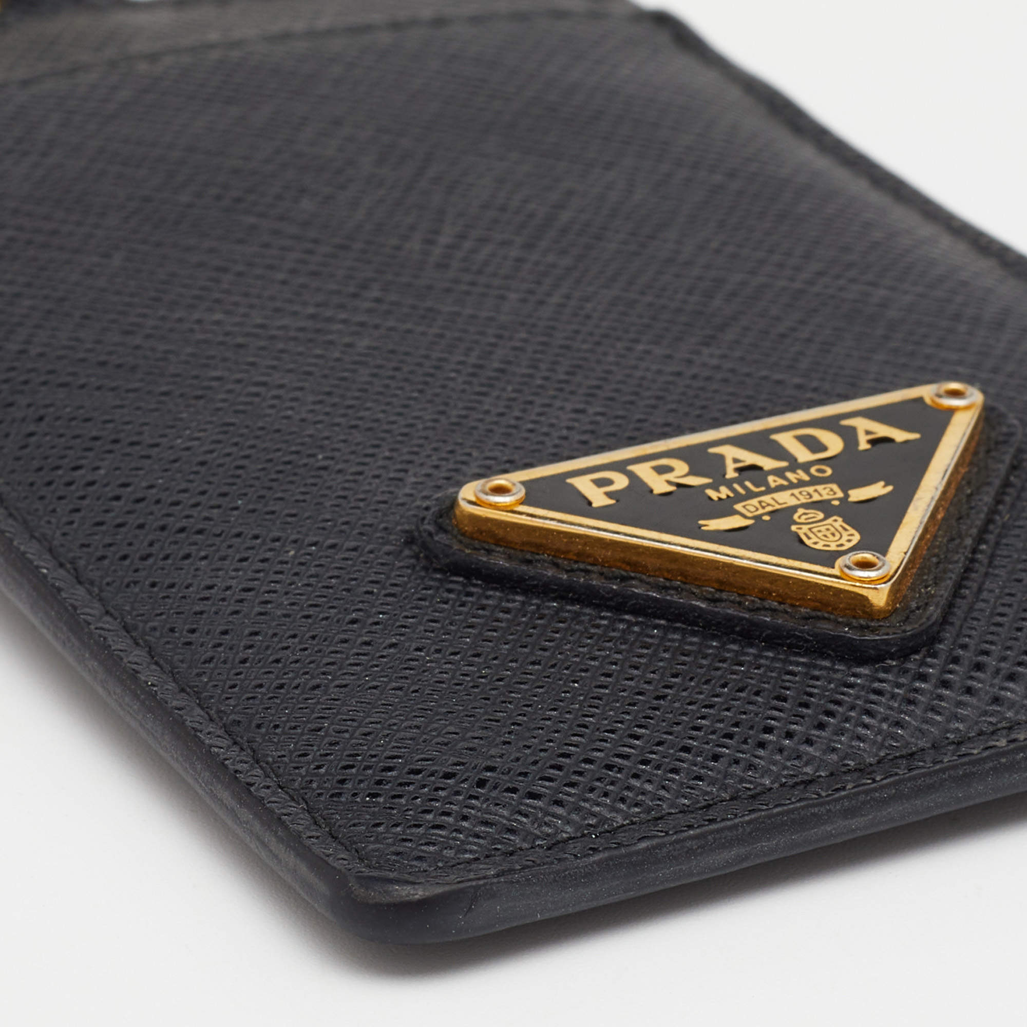 Prada Saffiano Thunder Lacca Black Card Case Badge Holder 1MC007