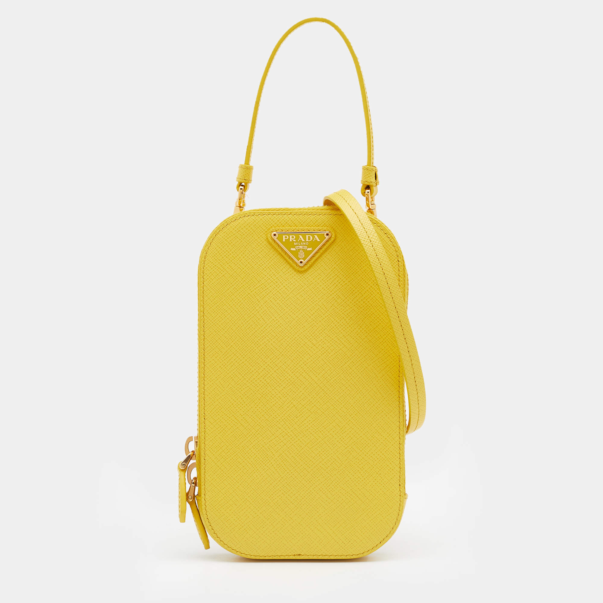 Pre Owned Prada Yellow Saffiano Lux Leather Phone Crossbody Bag