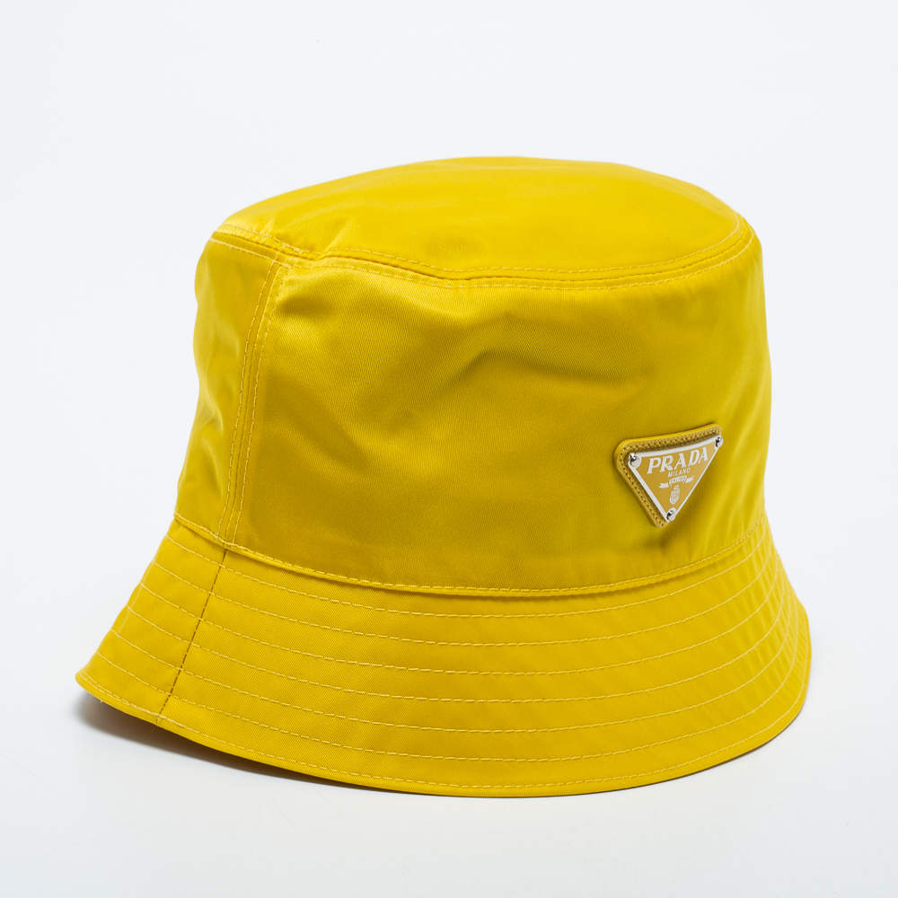 Pre Owned Prada Yellow Nylon Logo Plaque Detail Bucket Hat S