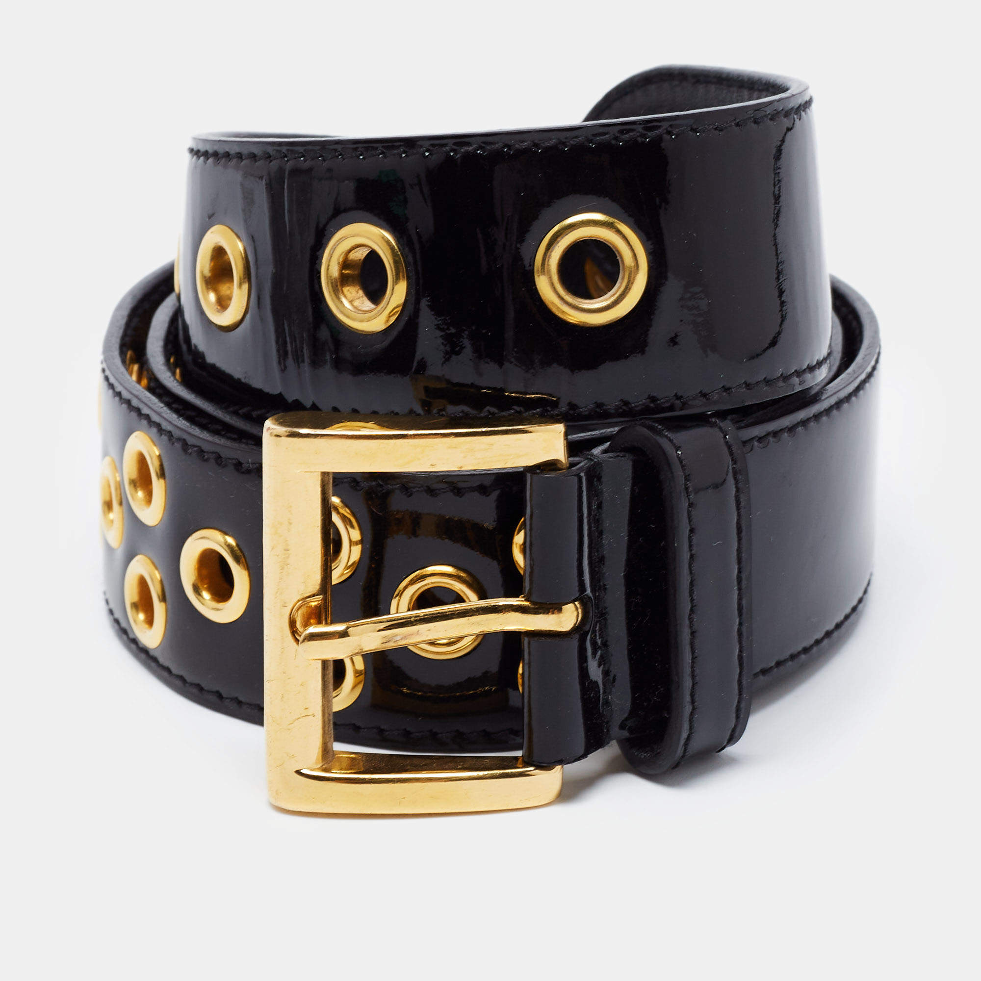 Prada Black Eyelet Patent Leather Buckle Belt 80CM