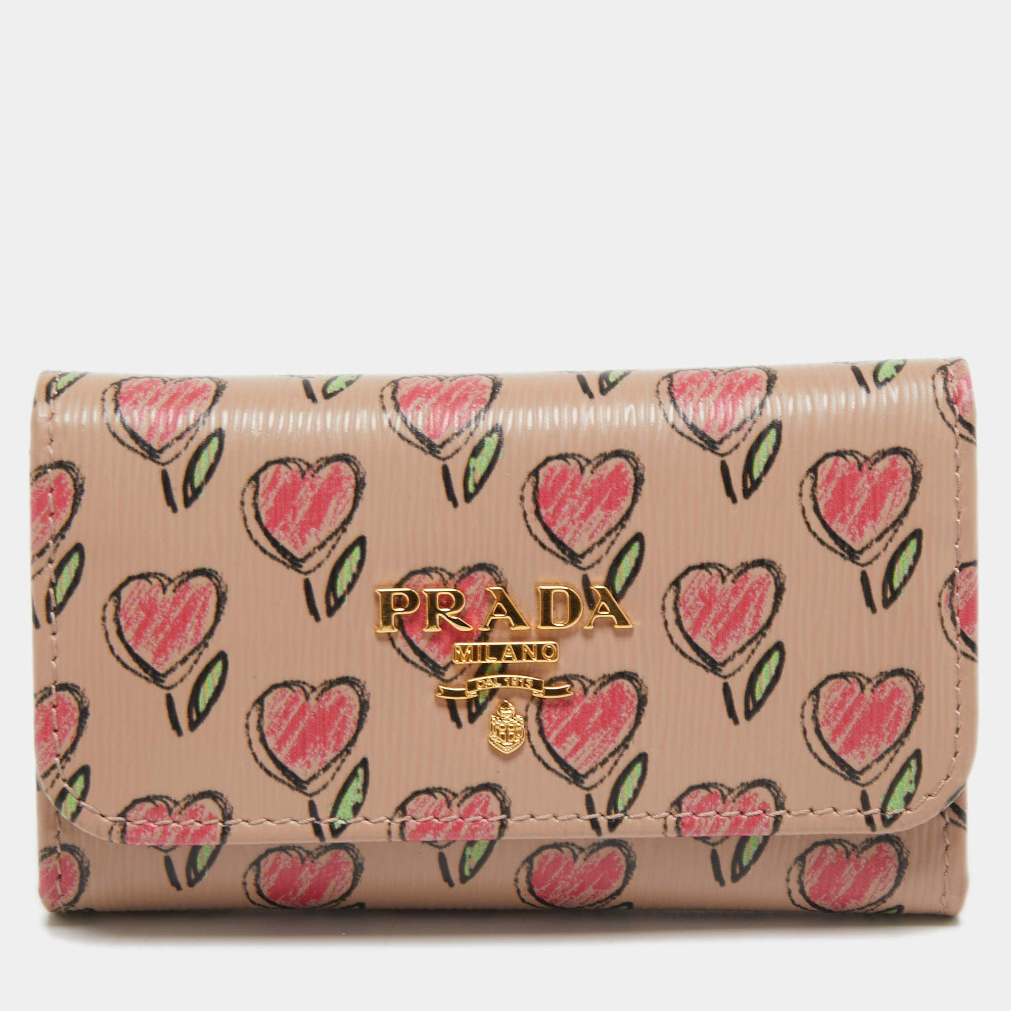 Pre Owned Prada Beige/Multicolor Heart Print Leather 6 Key Holder Case