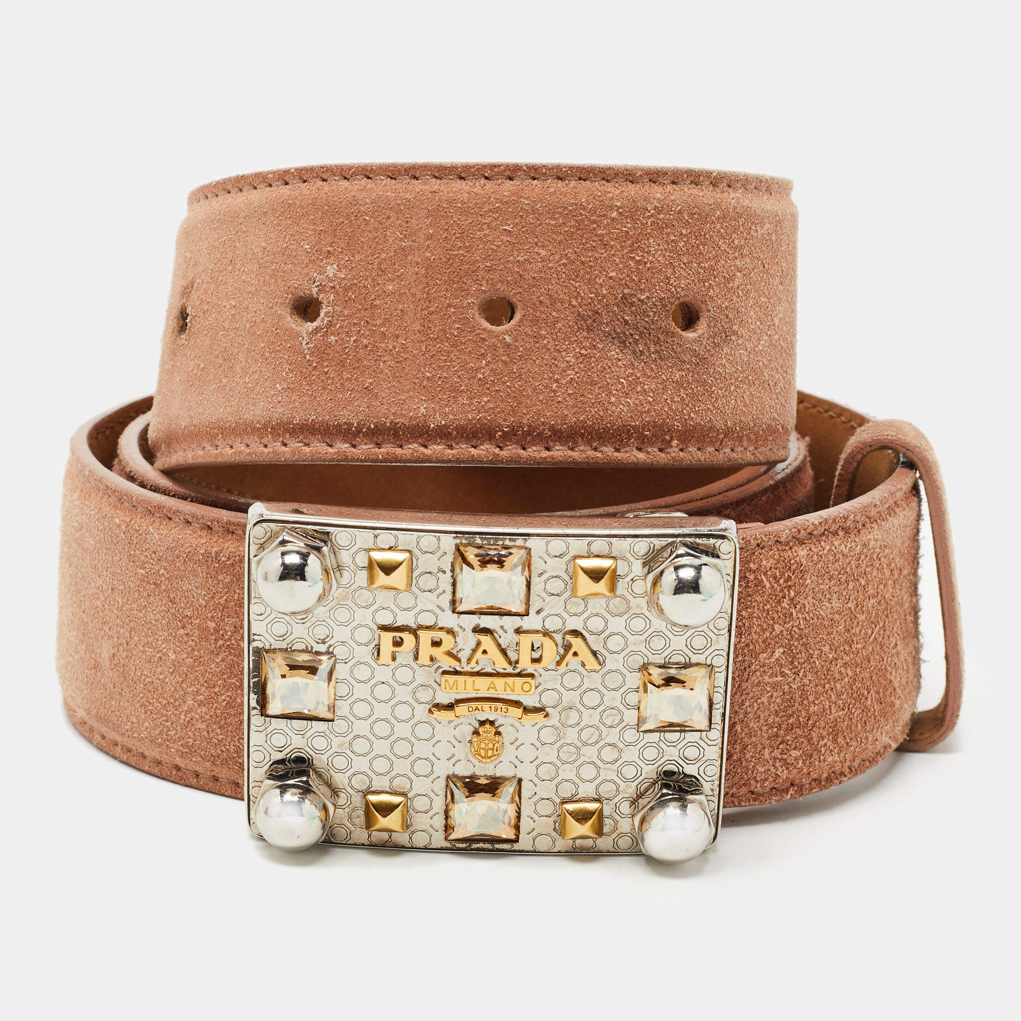 Prada Light Pink Suede Logo Plague Crystals Buckle Belt 85CM