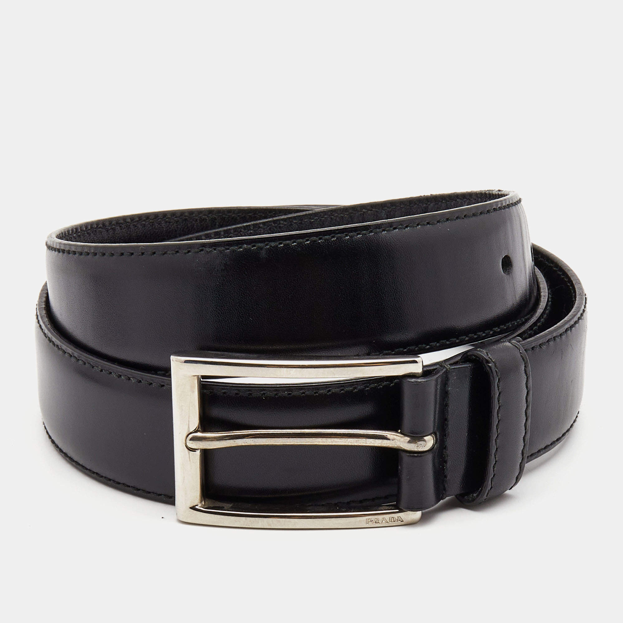 Prada Black Leather Buckle Belt 90CM