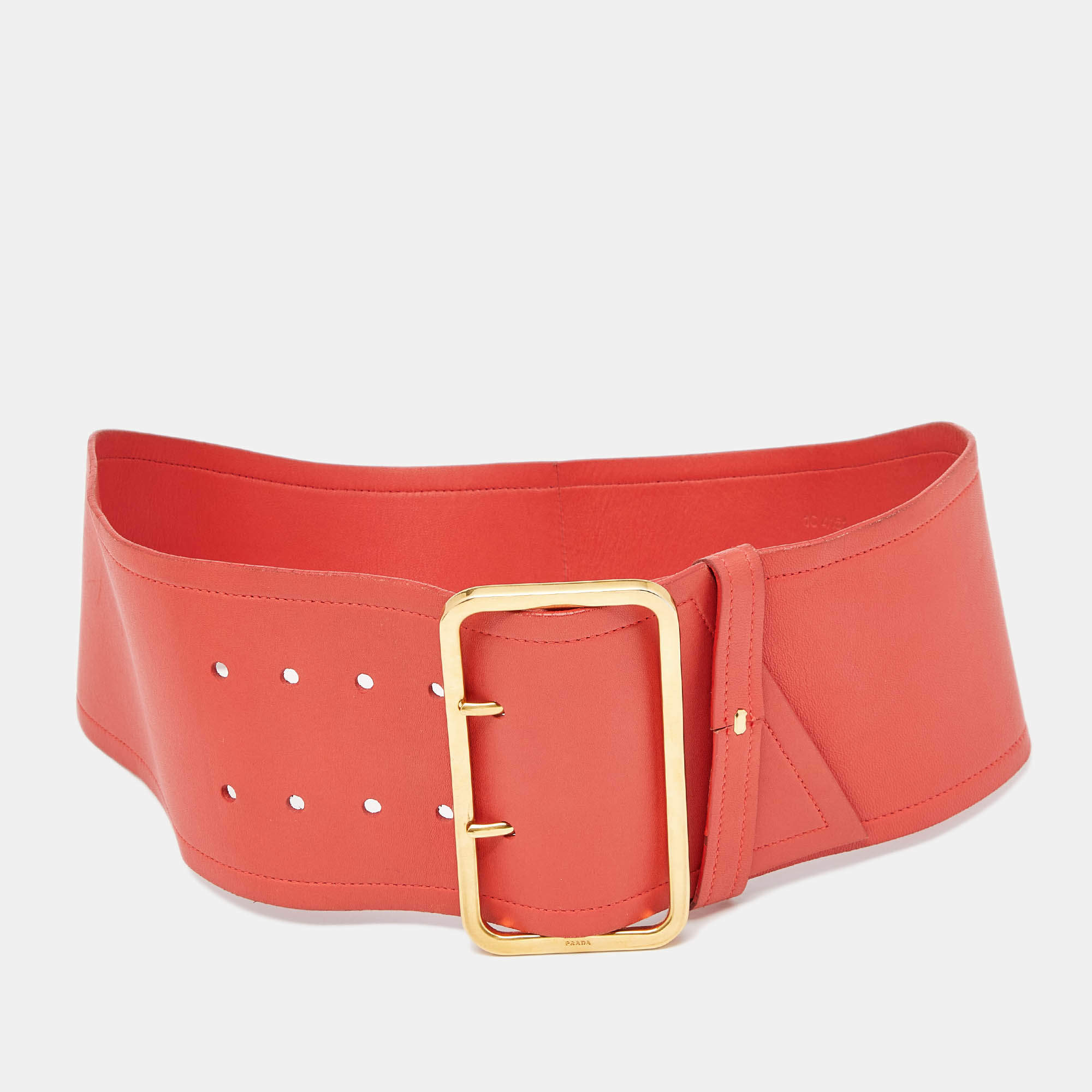Pre Owned Prada Coral Orange Leather Wide Buckle Belt 85CM