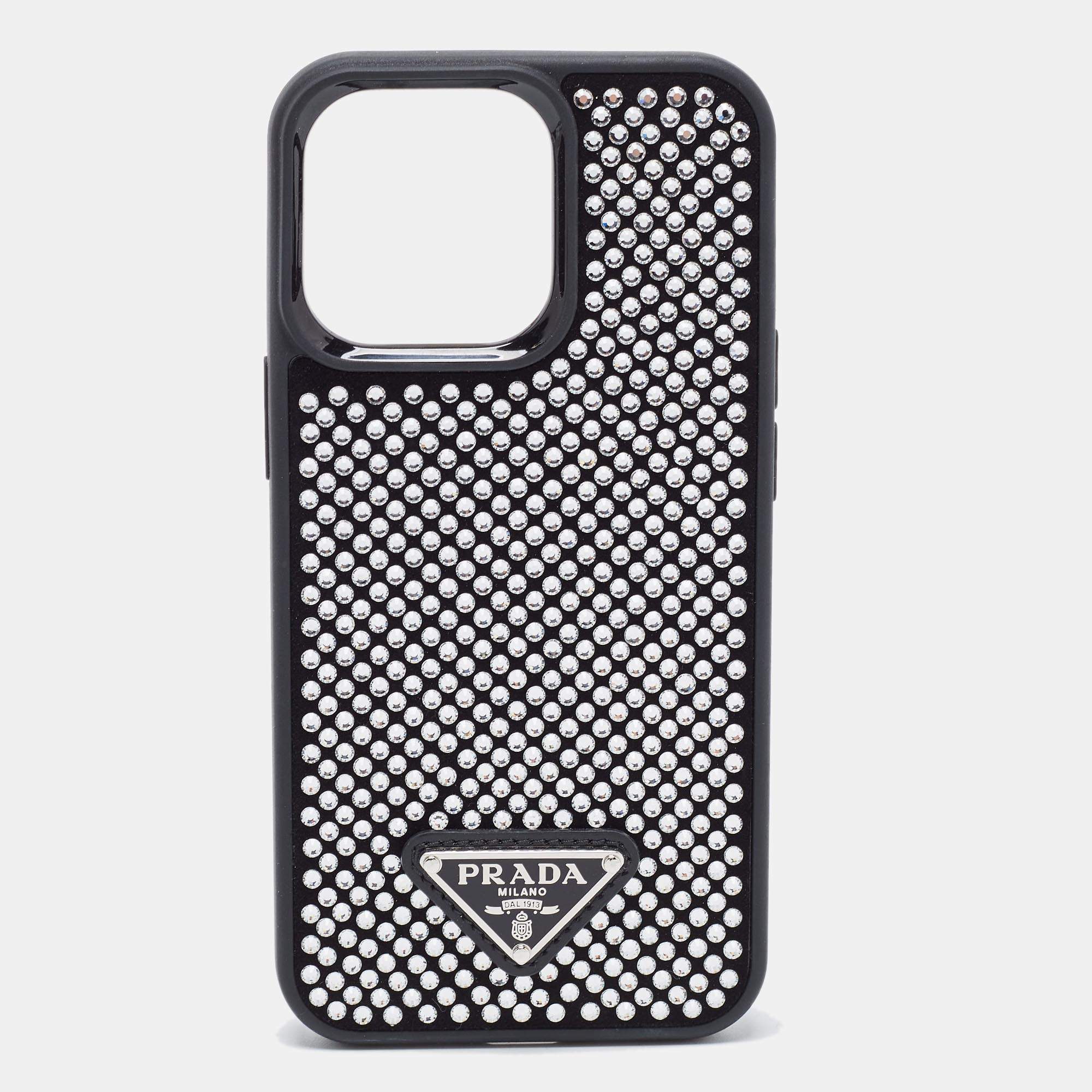 Prada Black/Silver Rubber and Suede Crystals Embellished iPhone 13 Pro Case