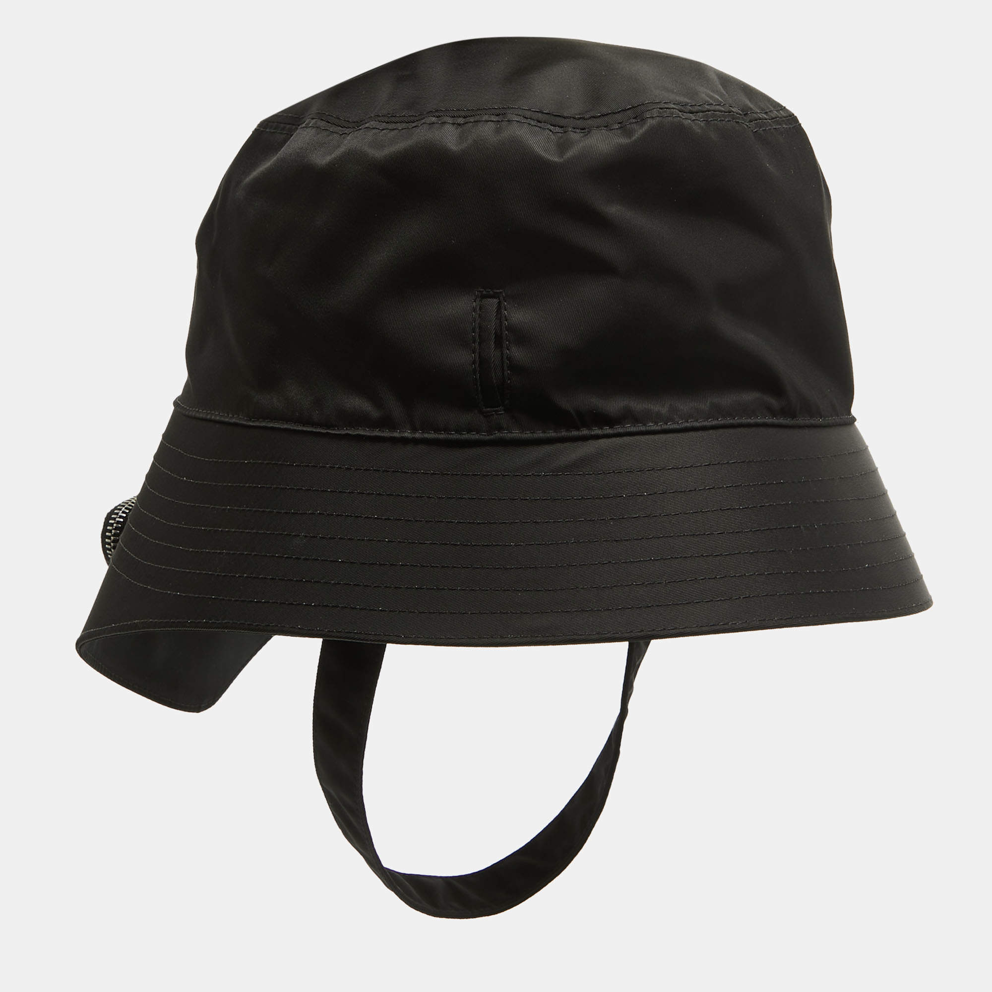 Prada Black Re-Nylon Triangle Logo Detail String Bucket Hat XL