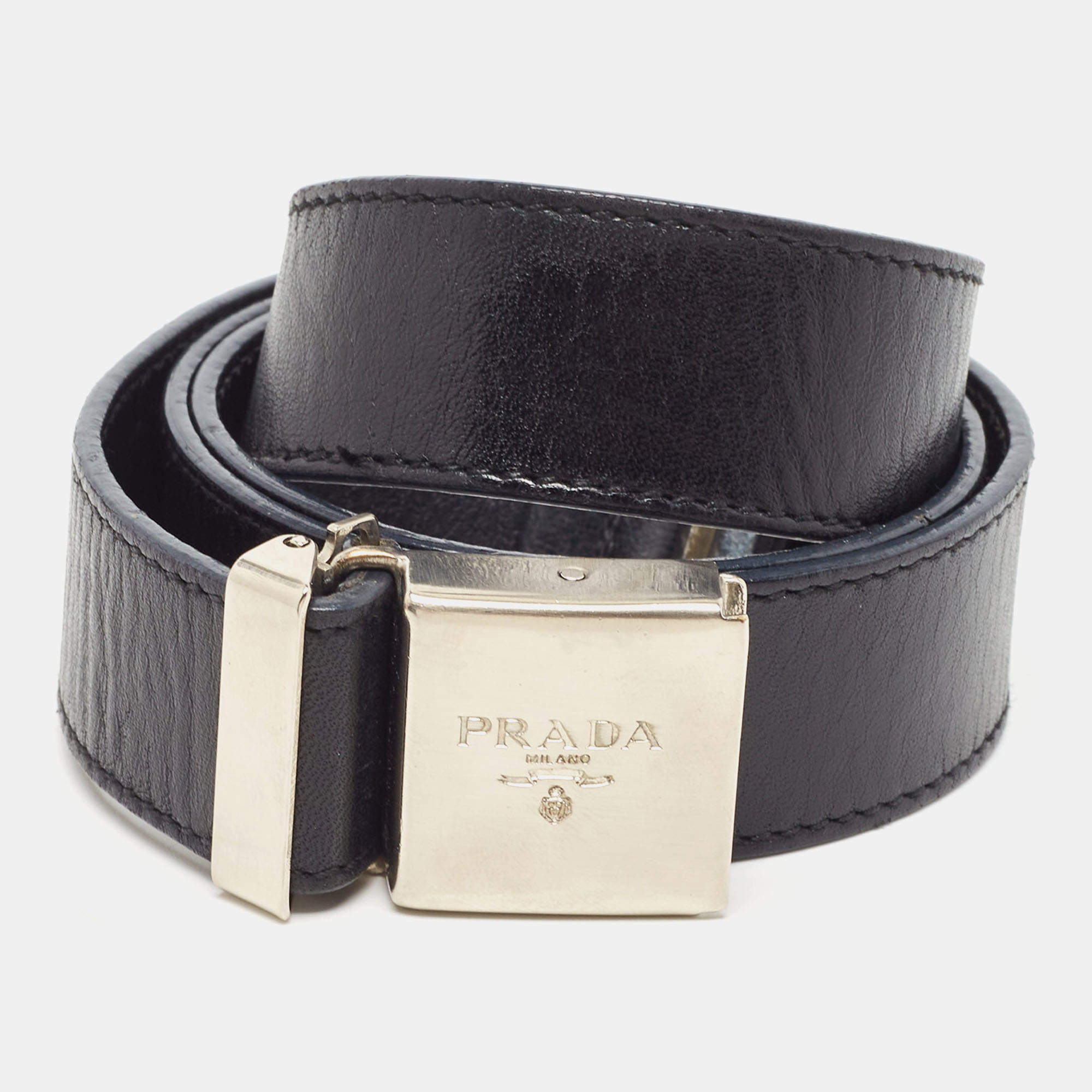 Pre Owned Prada Black Leather Buckle Belt 75CM