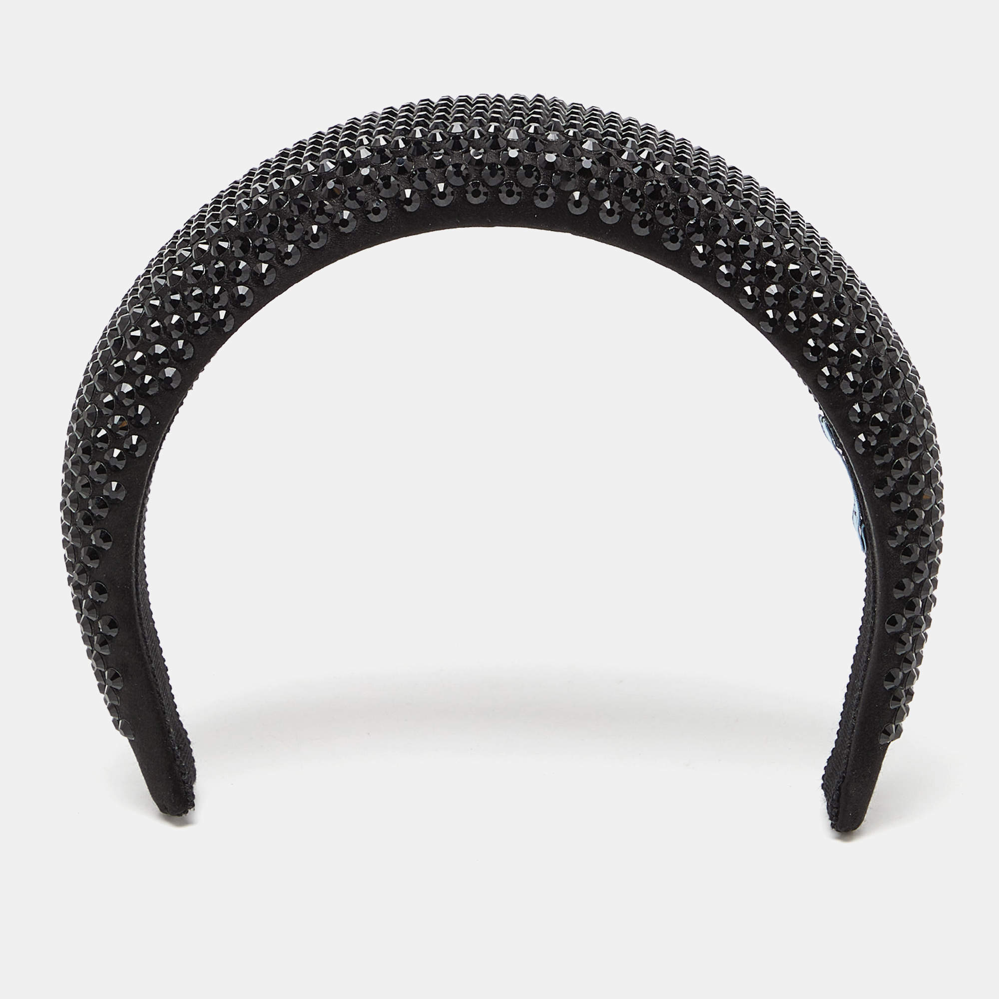 Pre Owned Prada Black Crystal Embellished Satin Wide Headband