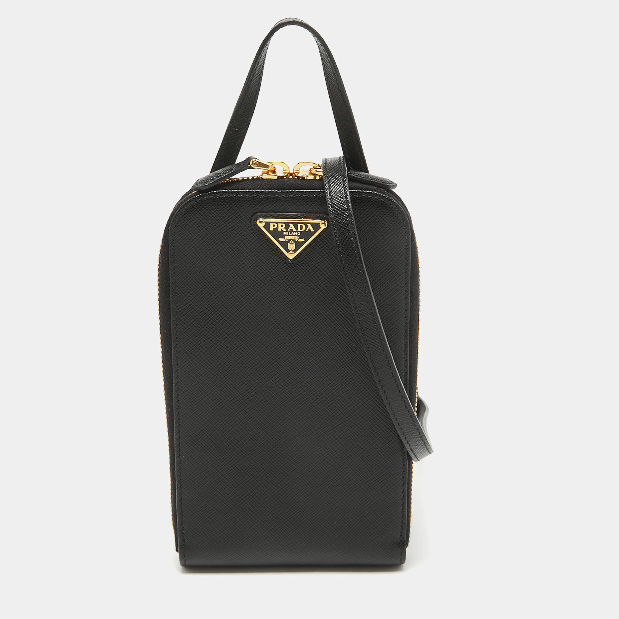 Prada Black Saffiano Lux Leather Phone Crossbody Bag