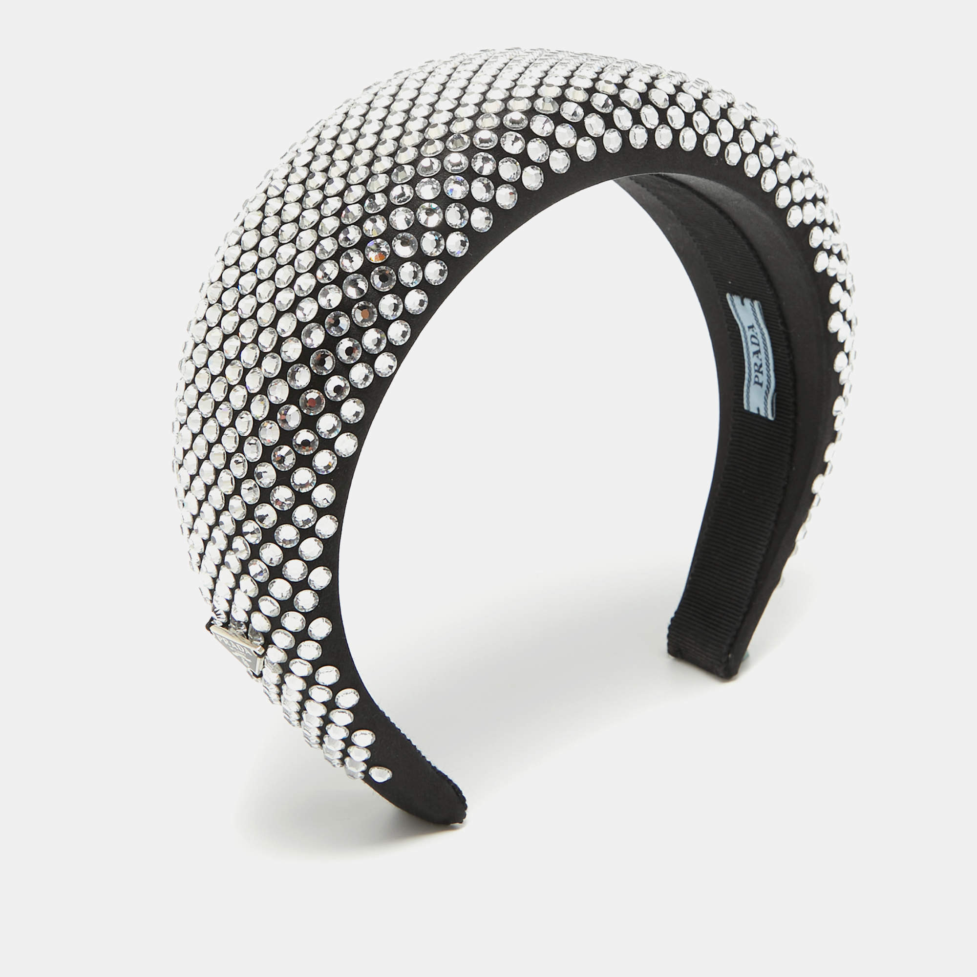 Prada Black Crystals Embellished Satin Oversized Head Band One Size