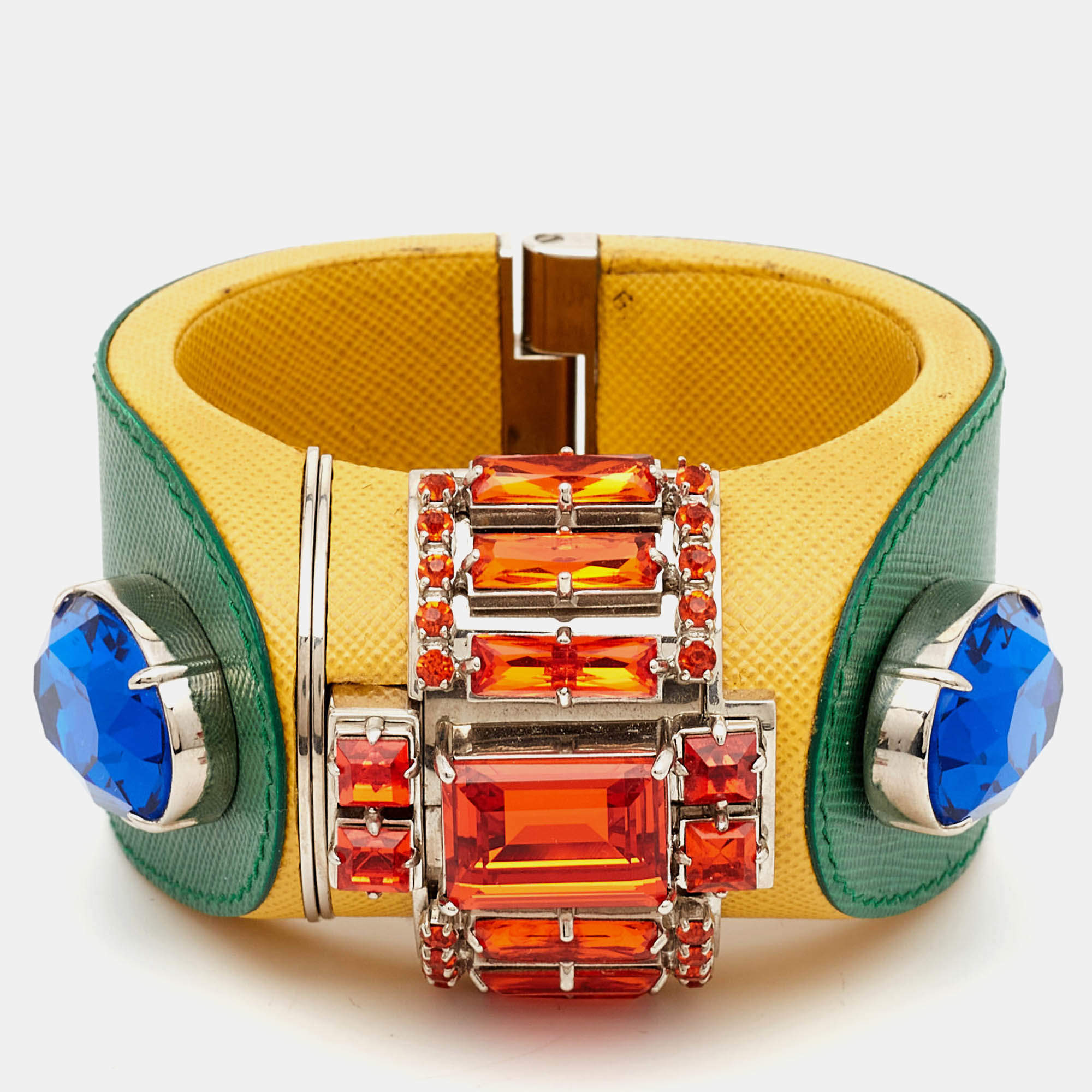 Prada Saffiano Crystal Leather Silver Tone Bracelet