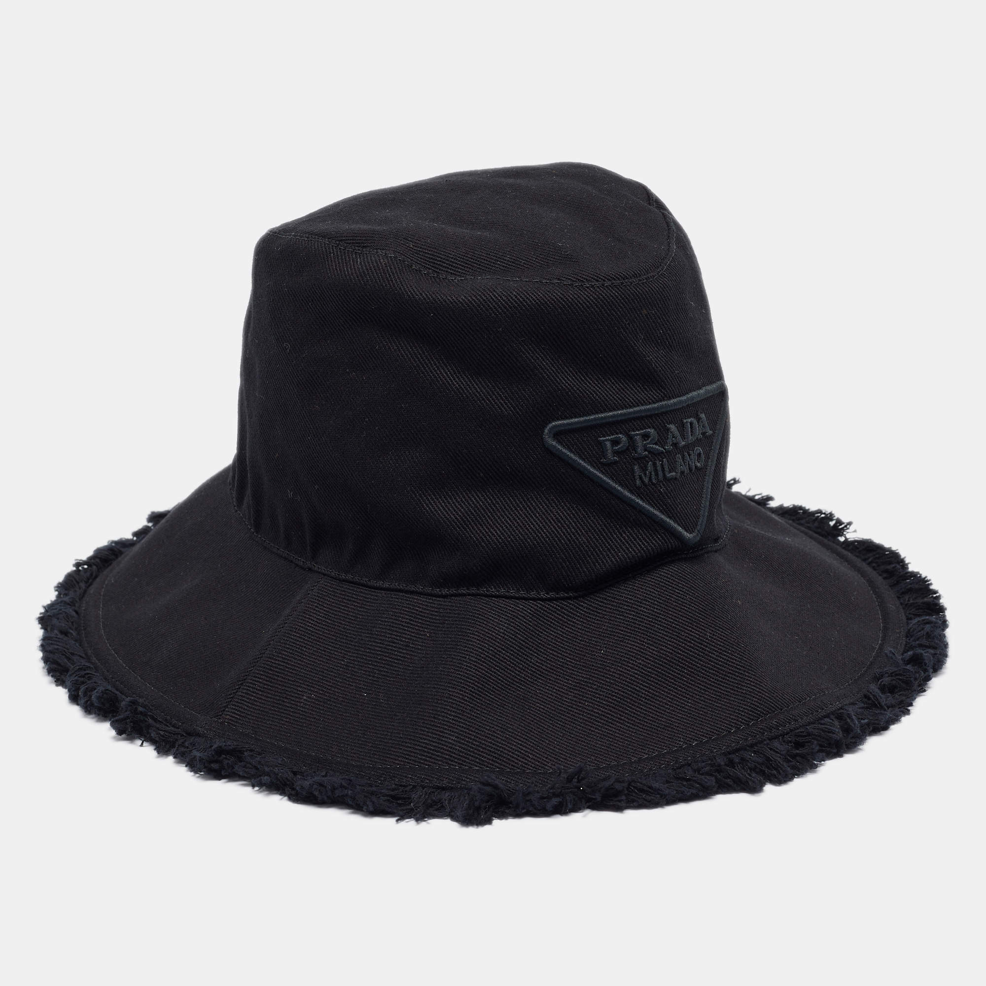 مملوكة مسبقًا Prada Black Logo Embroidered Canvas Drill Bucket Hat S