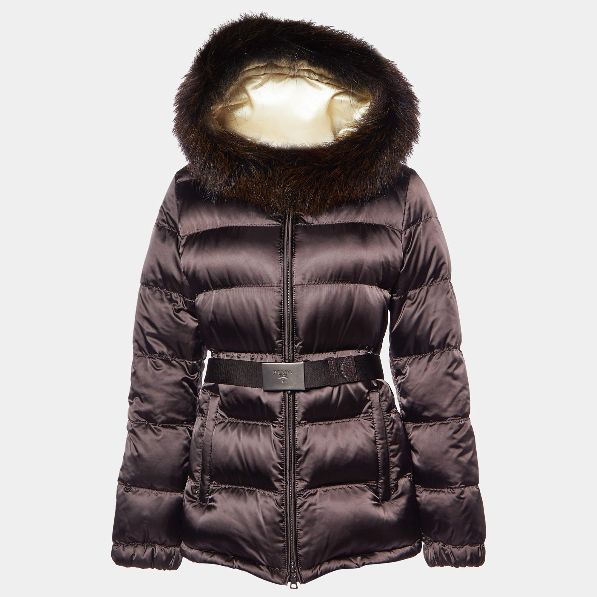 Prada Brown Synthetic Belted Zip-Up Quilted Down Jacket M