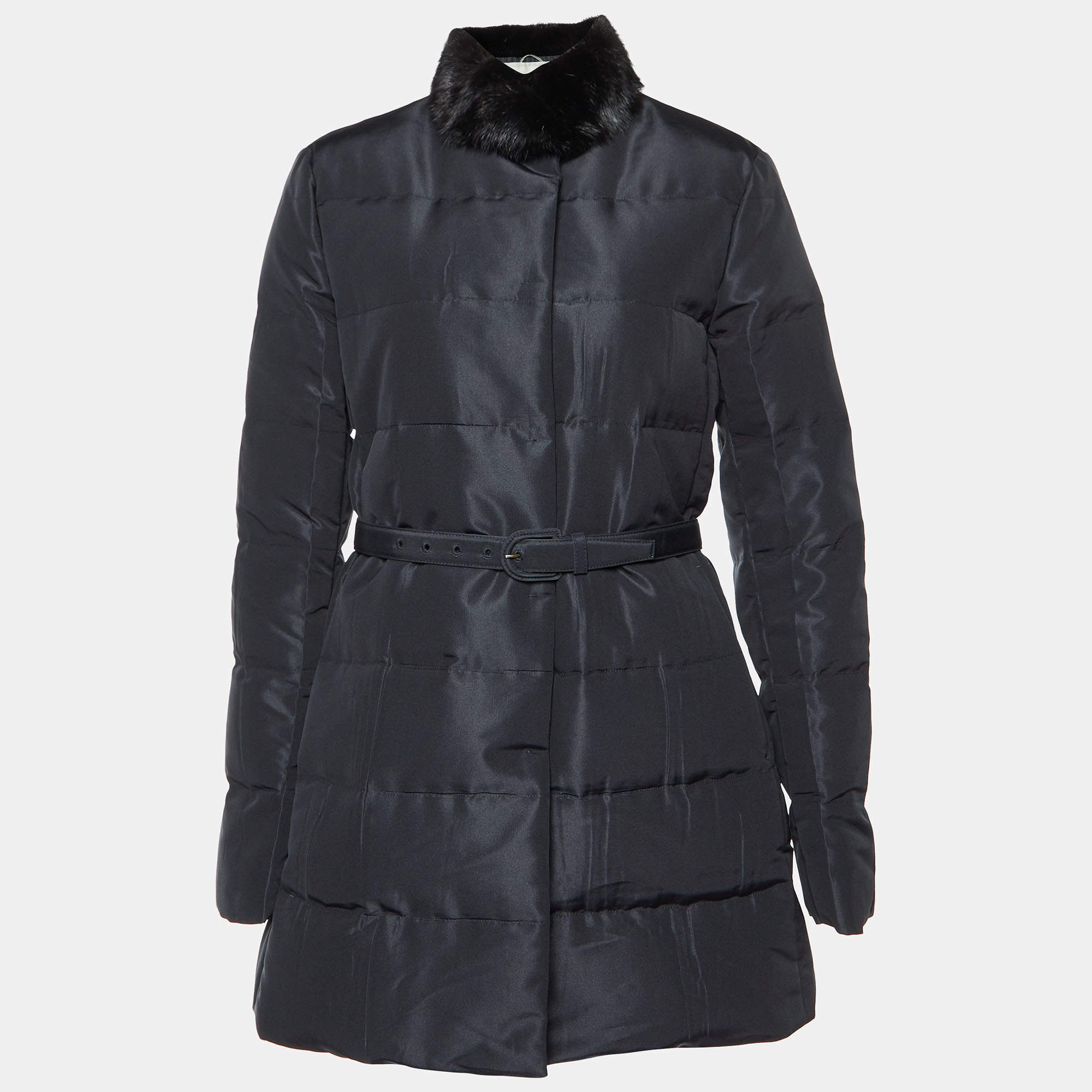 Pre Owned Prada Black Padded Silk Blend Mink Fur Trimmed Jacket M