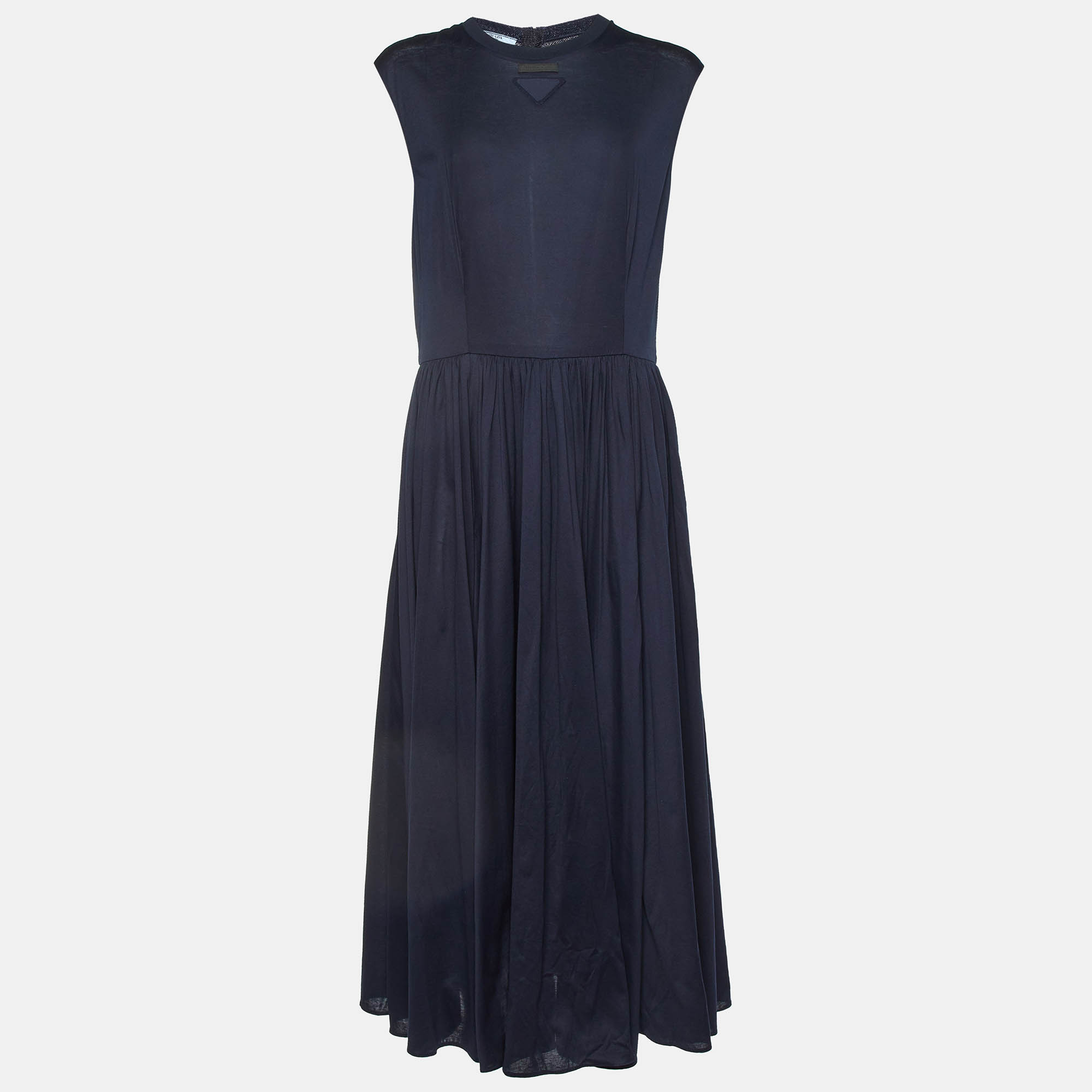 Pre Owned Prada Navy Blue Cotton Knit Sleeveless Long Dress XL