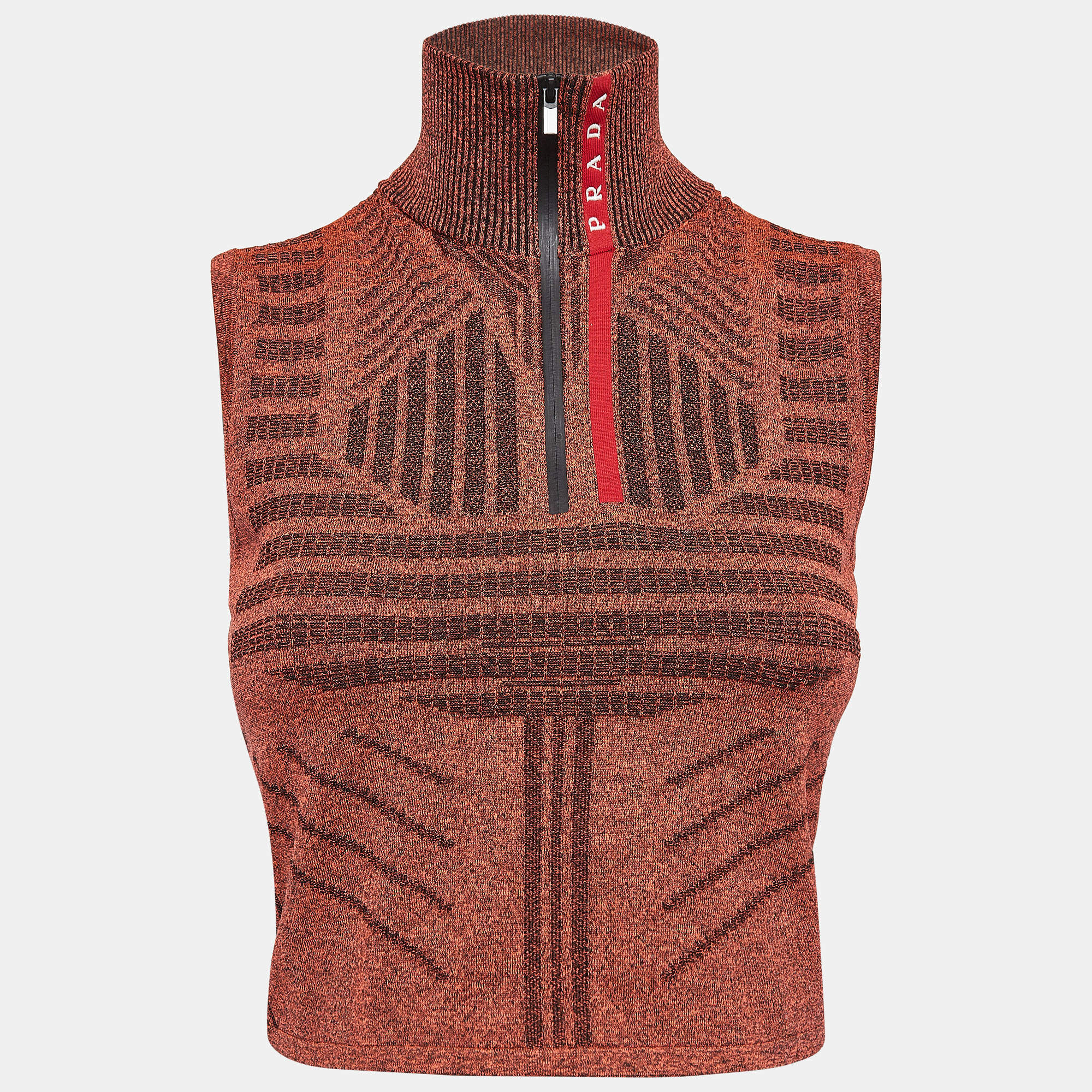 Prada Orange Melange Jersey Zip-Up Sleeveless Top S