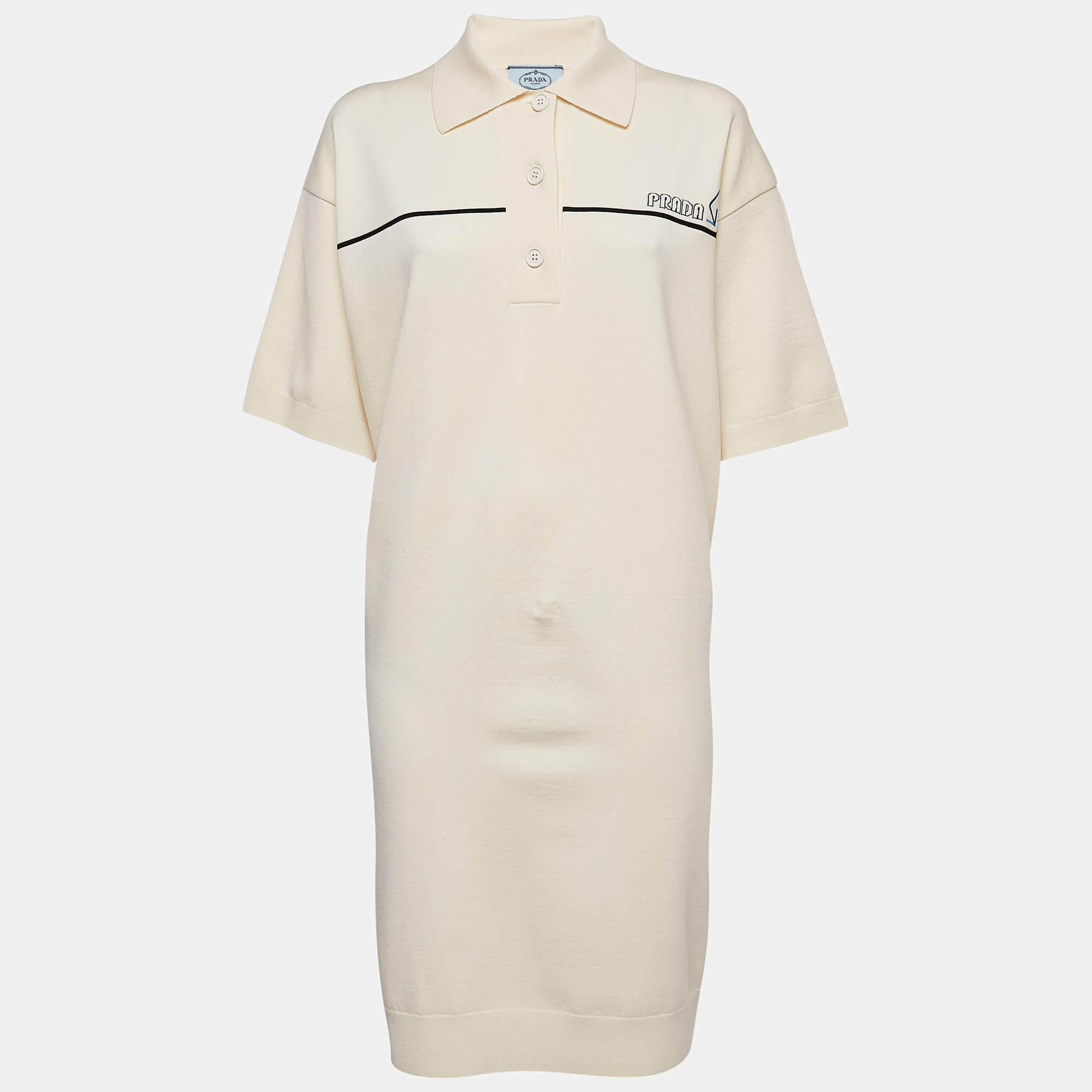 Pre Owned Prada Cream Wool Knit Polo Collar Midi Dress S