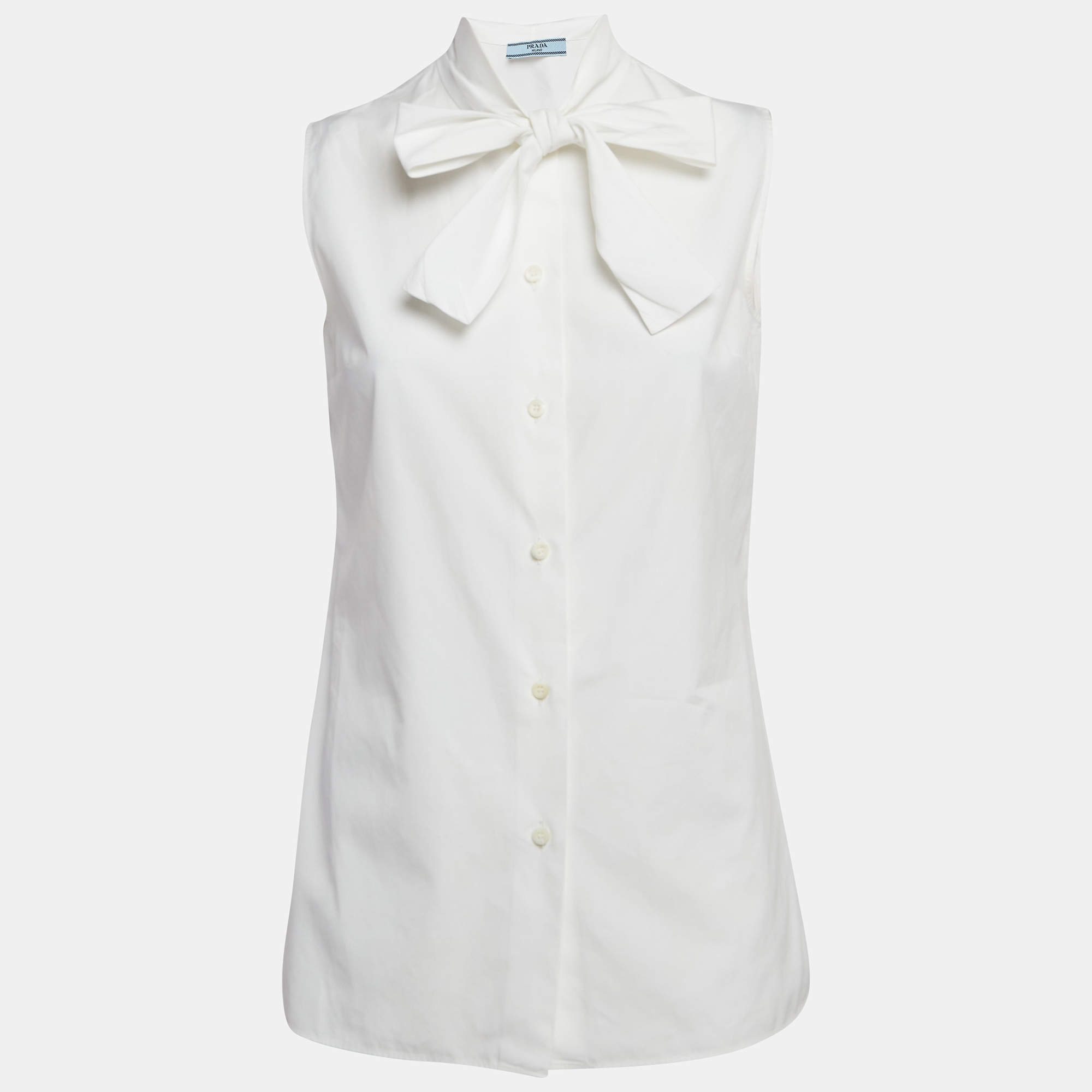 Prada White Cotton Sleeveless Tie-Up Neck Top S