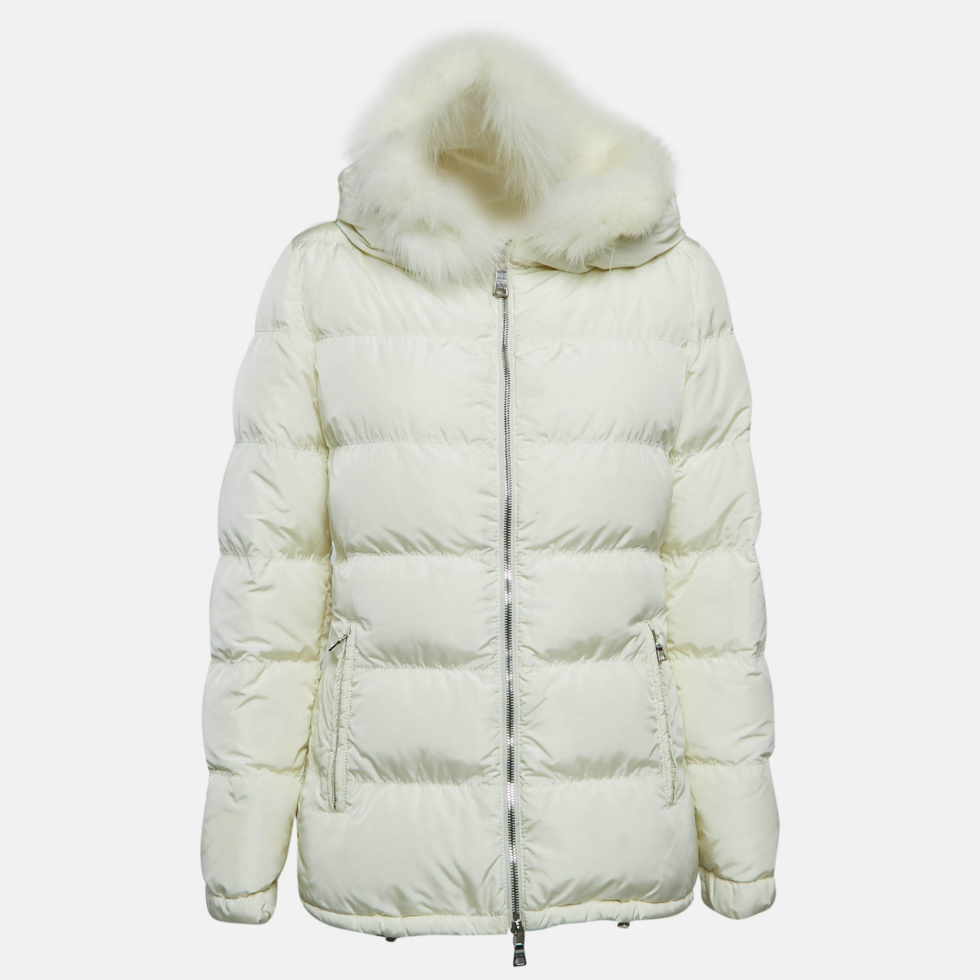 Prada Off White Synthetic Quilted Fur Trim Hood Down Jacket S Prada TLC