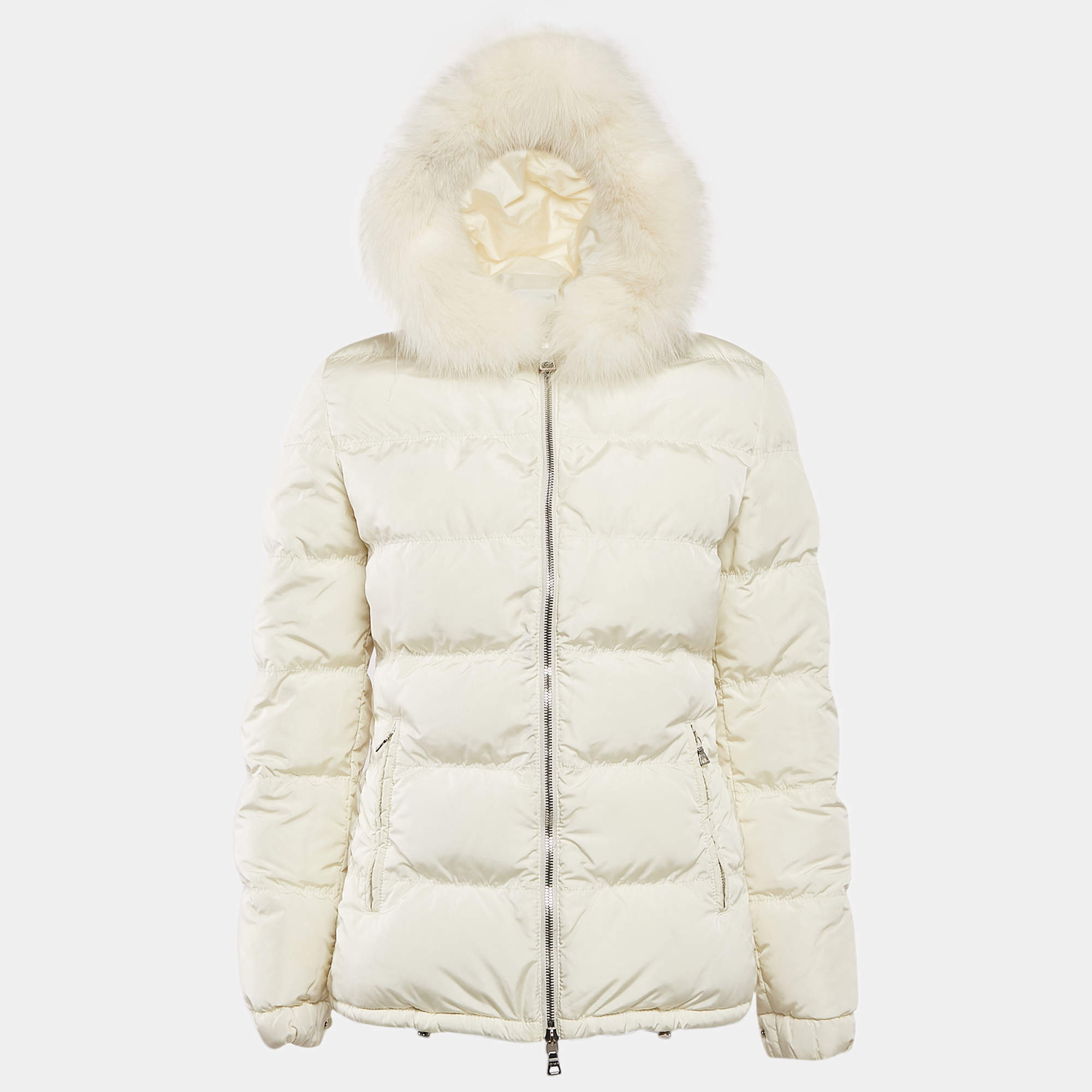 Prada Off-White Synthetic Quilted Fur Trim Hood Down Jacket S