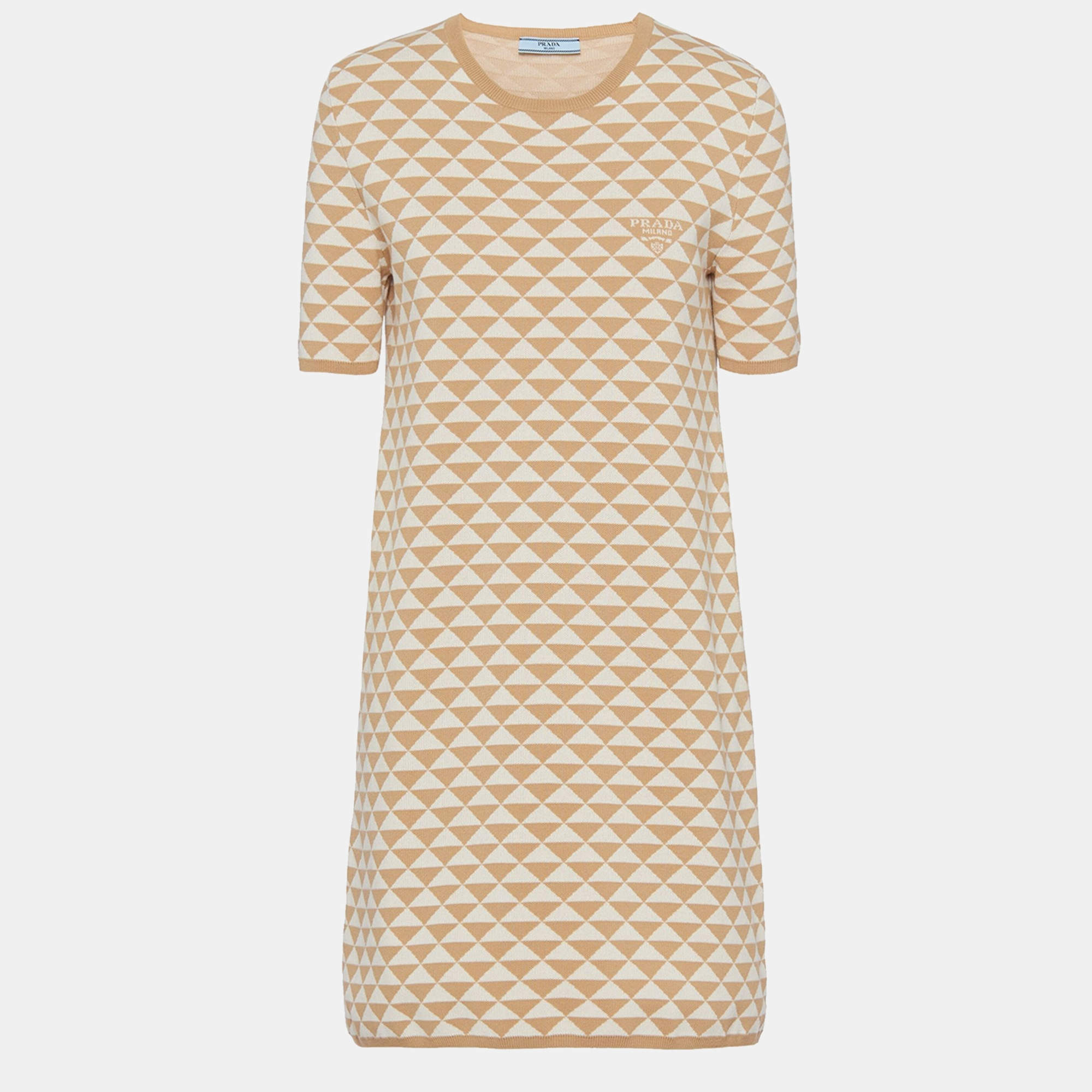 مملوكة مسبقًا Prada Beige Jacquard Cotton Knit Crewneck Mini Dress M