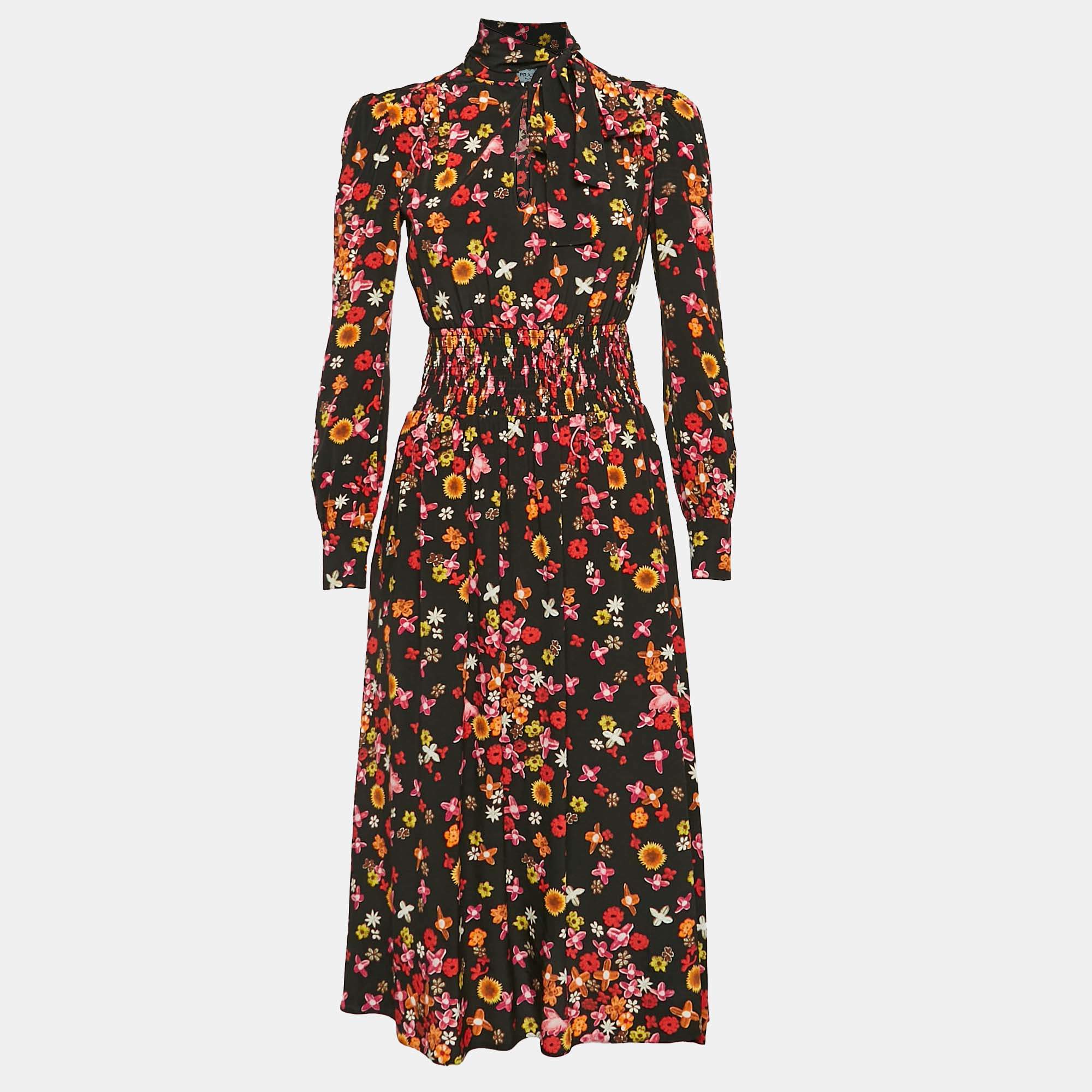 مملوكة مسبقًا Prada Black Floral Print Silk Detachable Neck Tie-Up Midi Dress S