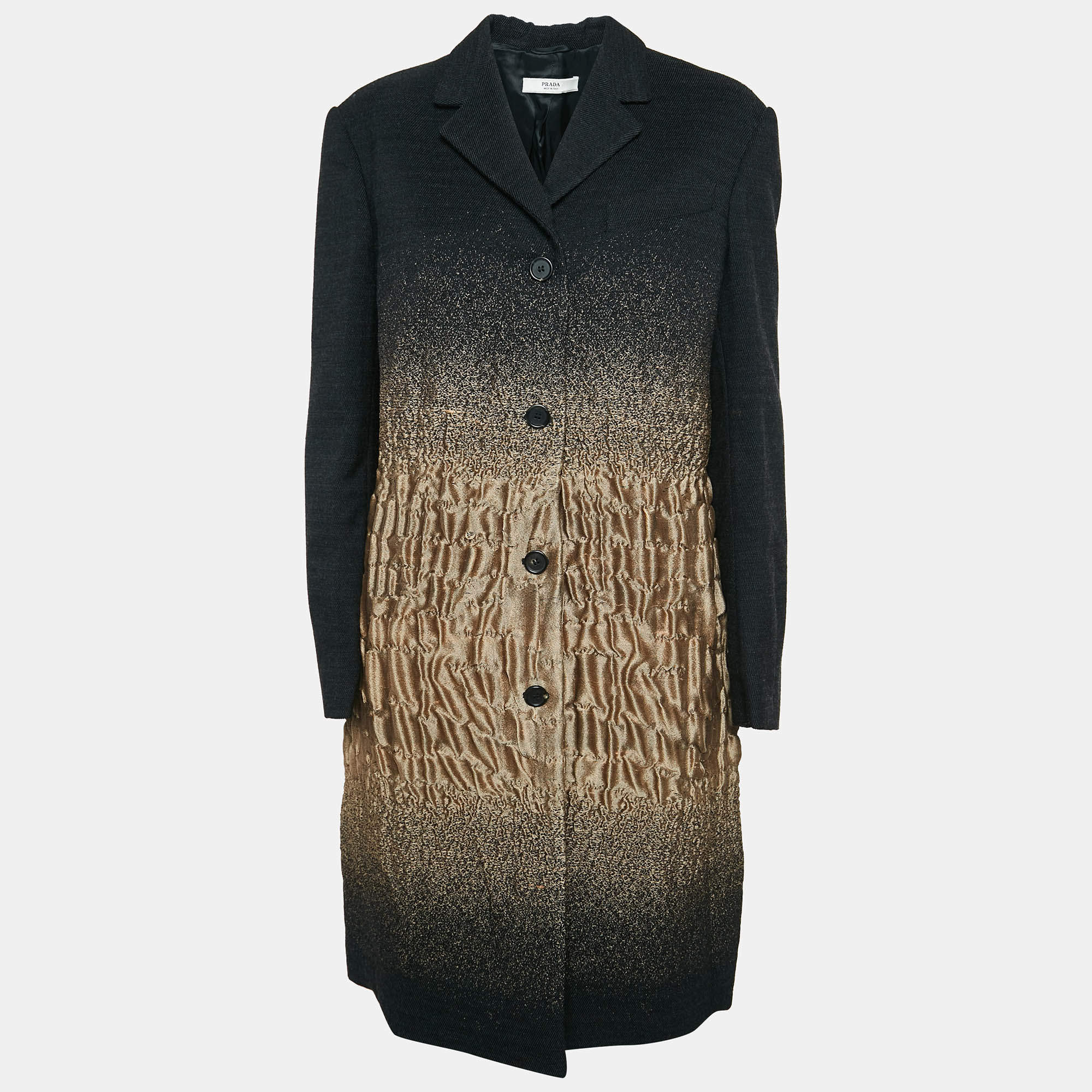 Prada Black/Brown Textured Wool Blend Long Coat L