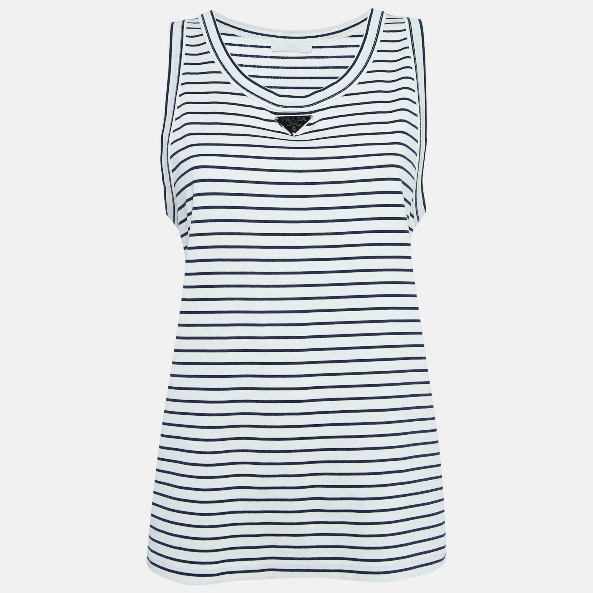 Prada White Striped Cotton Triangle Logo Detail Tank Top XL