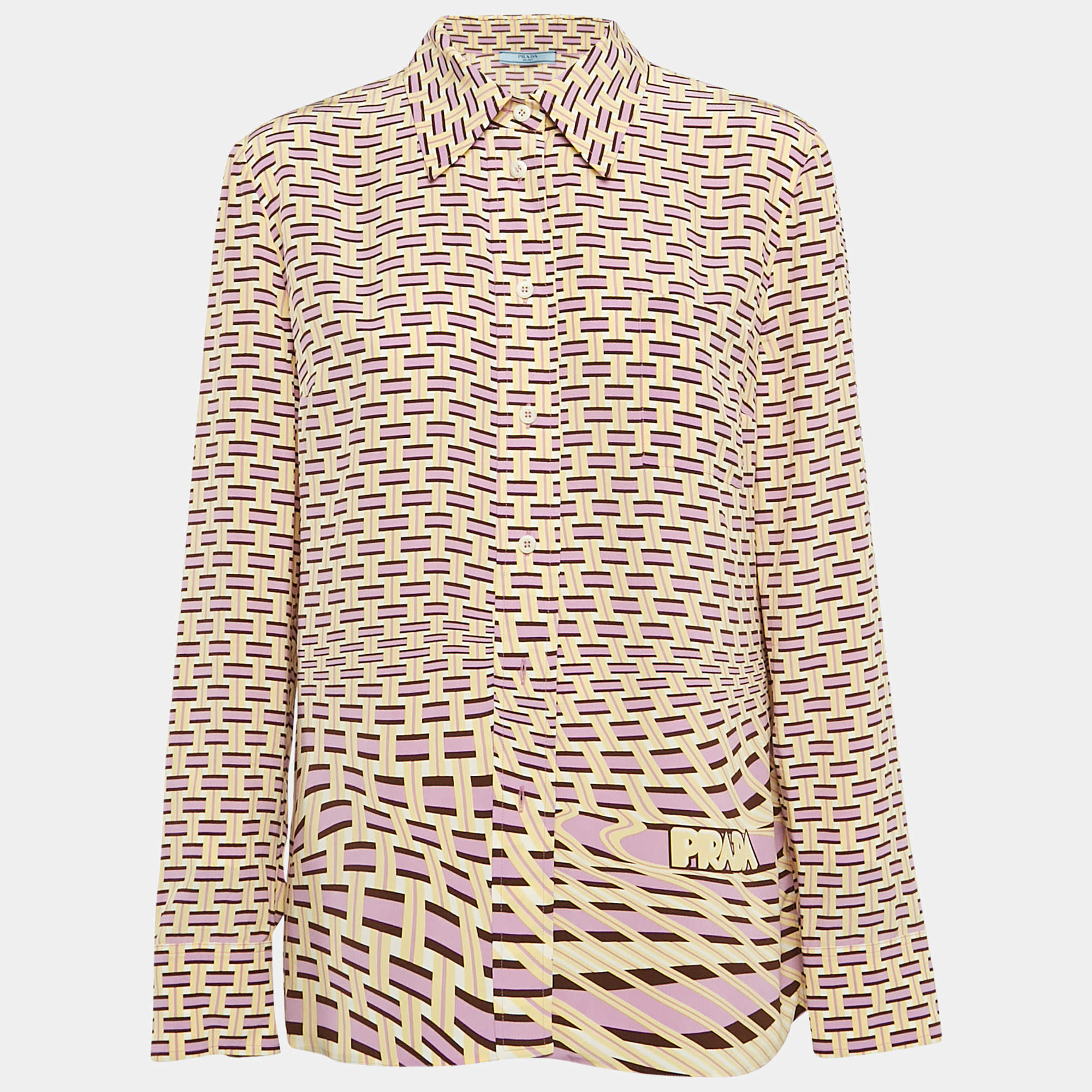 مملوكة مسبقًا Prada Yellow/Lavender Abstarct Print Silk Long Sleeve Shirt M