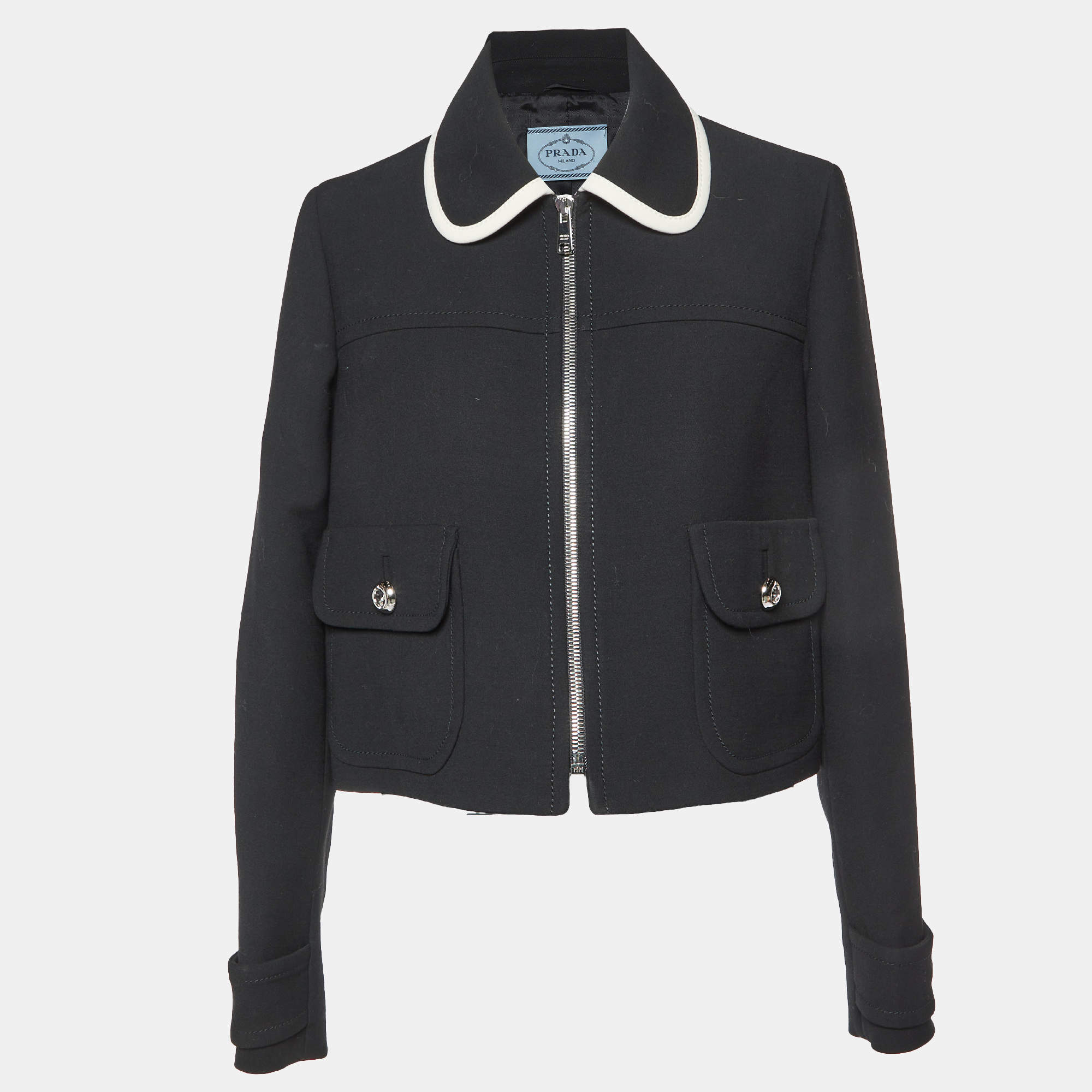 Prada Black Wool Zip-Up Oversized Jacket L