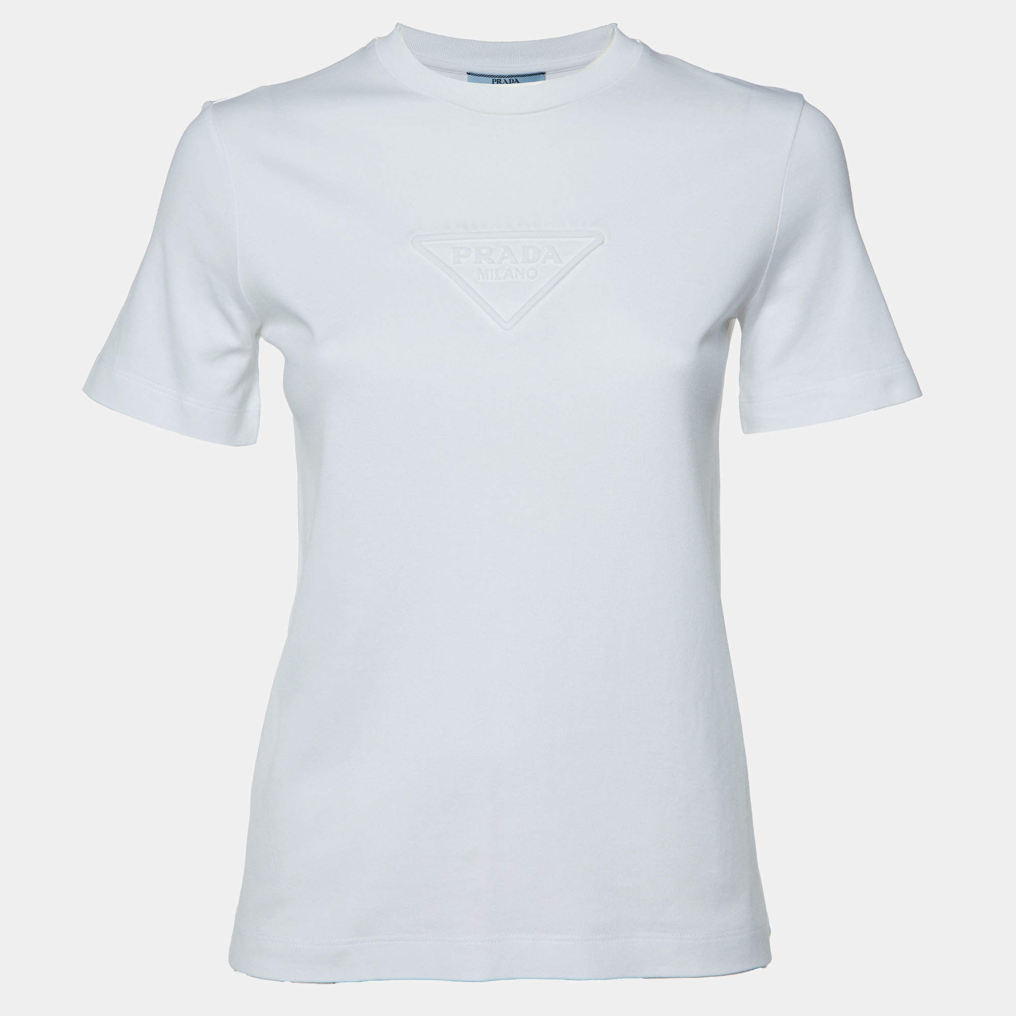 Pre Owned Prada White Logo Embossed Cotton T-Shirt XXS