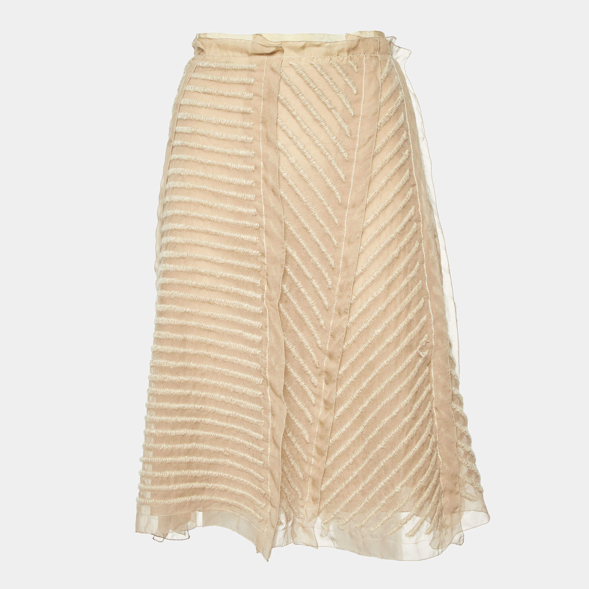 Prada Beige Embroidered Chiffon Midi Skirt M