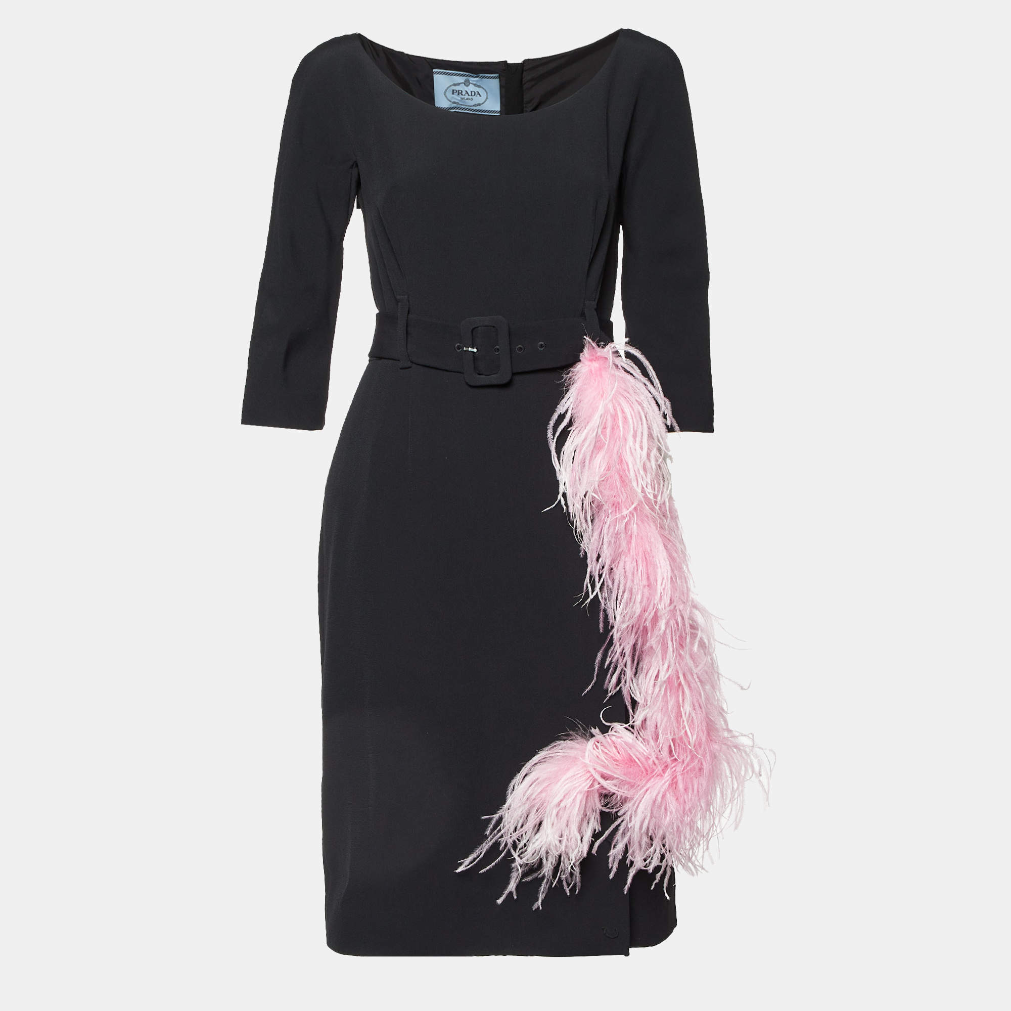 Prada Pink Crepe Detachable Feather Trim Belted Knee-Length Dress M