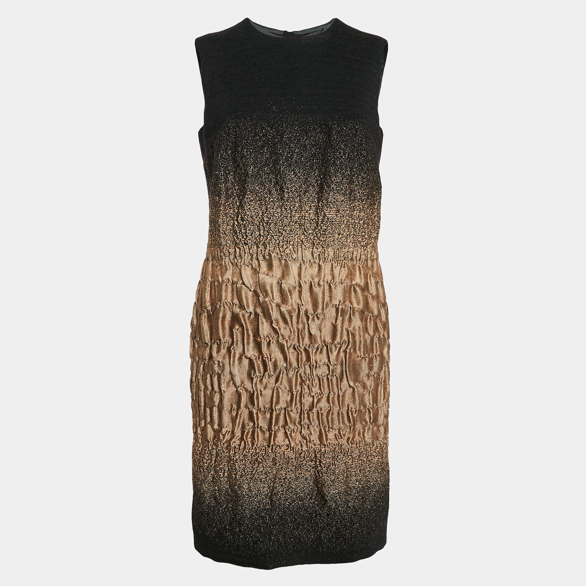 مملوكة مسبقًا Prada Black/Gold Ombre Crinkled Wool Sleeveless Knee Length Dress M