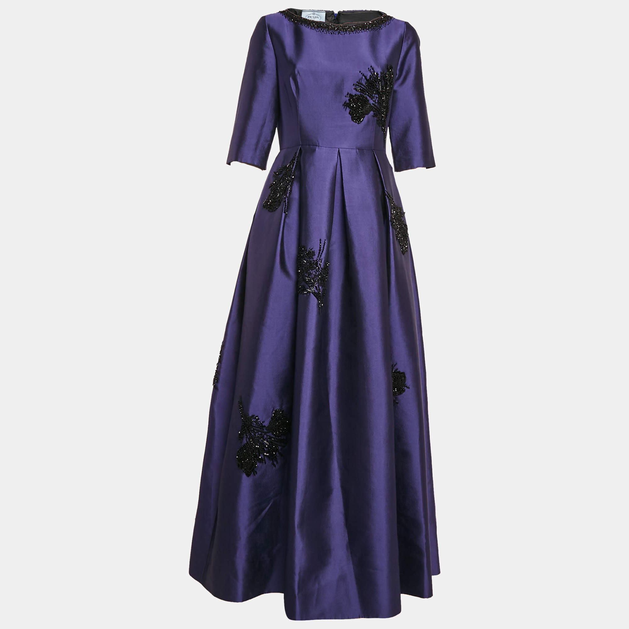 Pre Owned Prada Blue Bead Embellished Wool and Silk Pleated Gown M