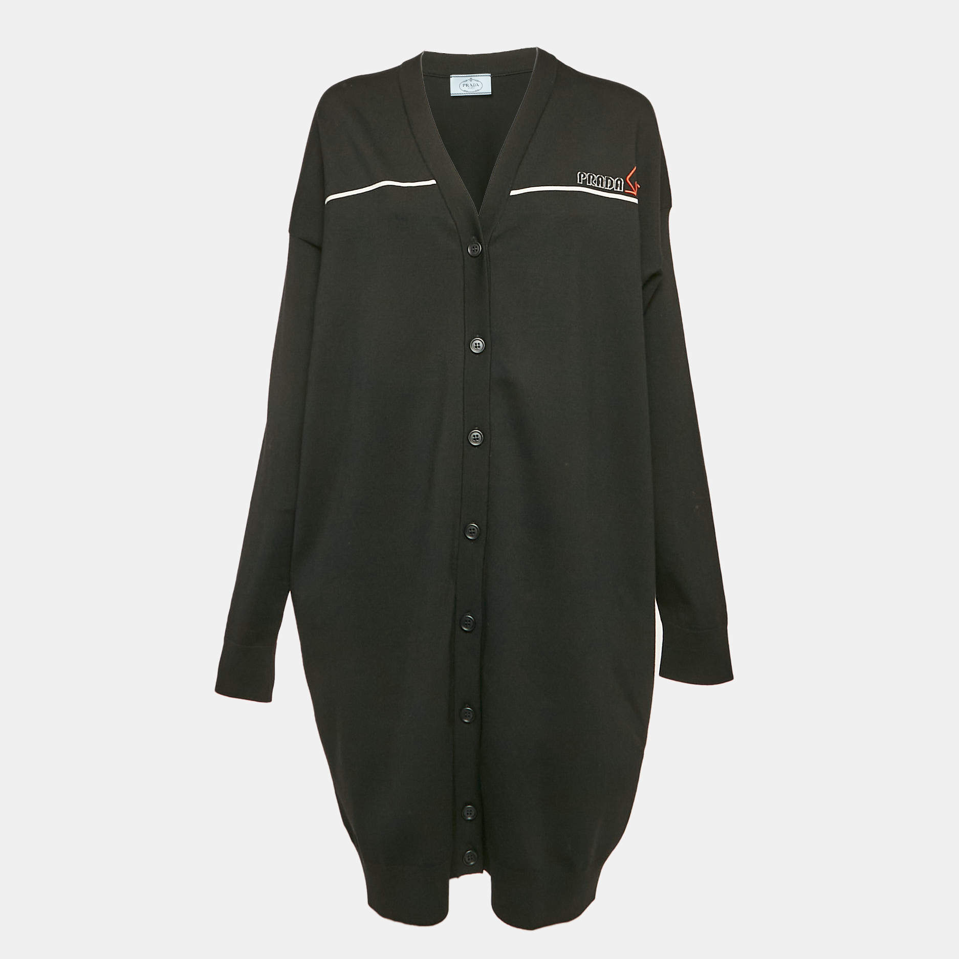 Prada Black Logo Intarsia Wool Knit Long Cardigan S
