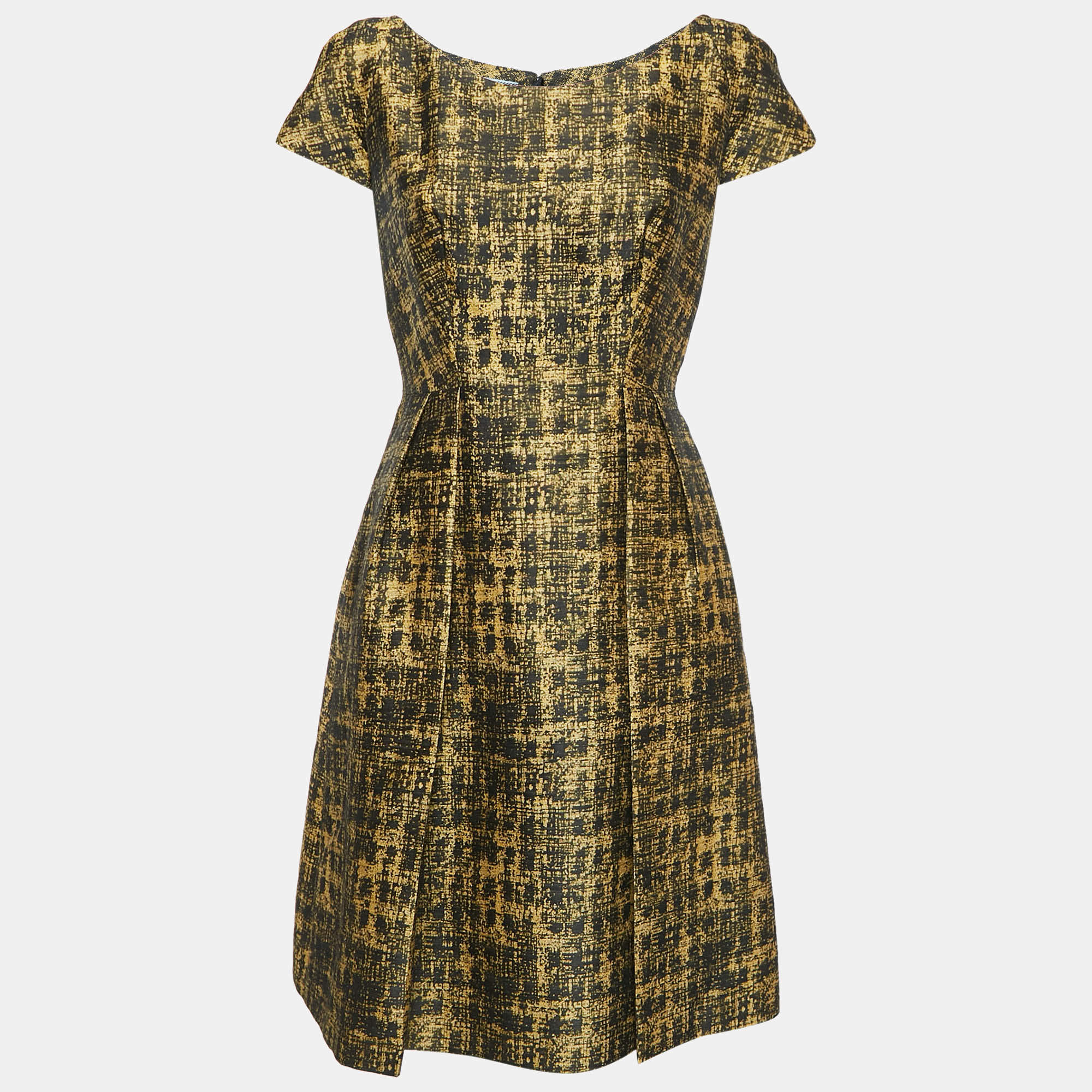 مملوكة مسبقًا Prada Yellow/Black Abstract Jacquard Pleated Short Dress M