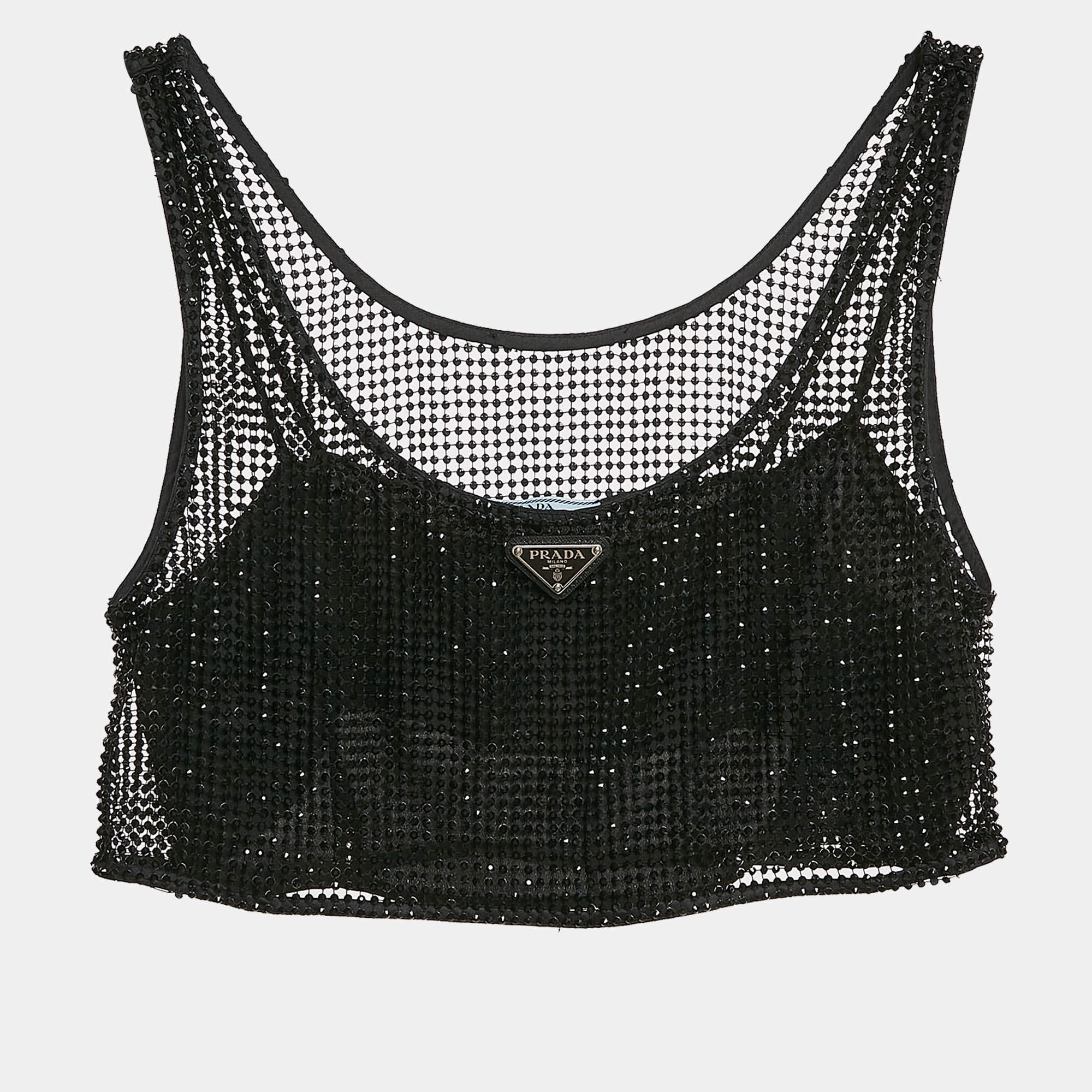 Pre Owned Prada Black Rhinestone Mesh Crop Top S