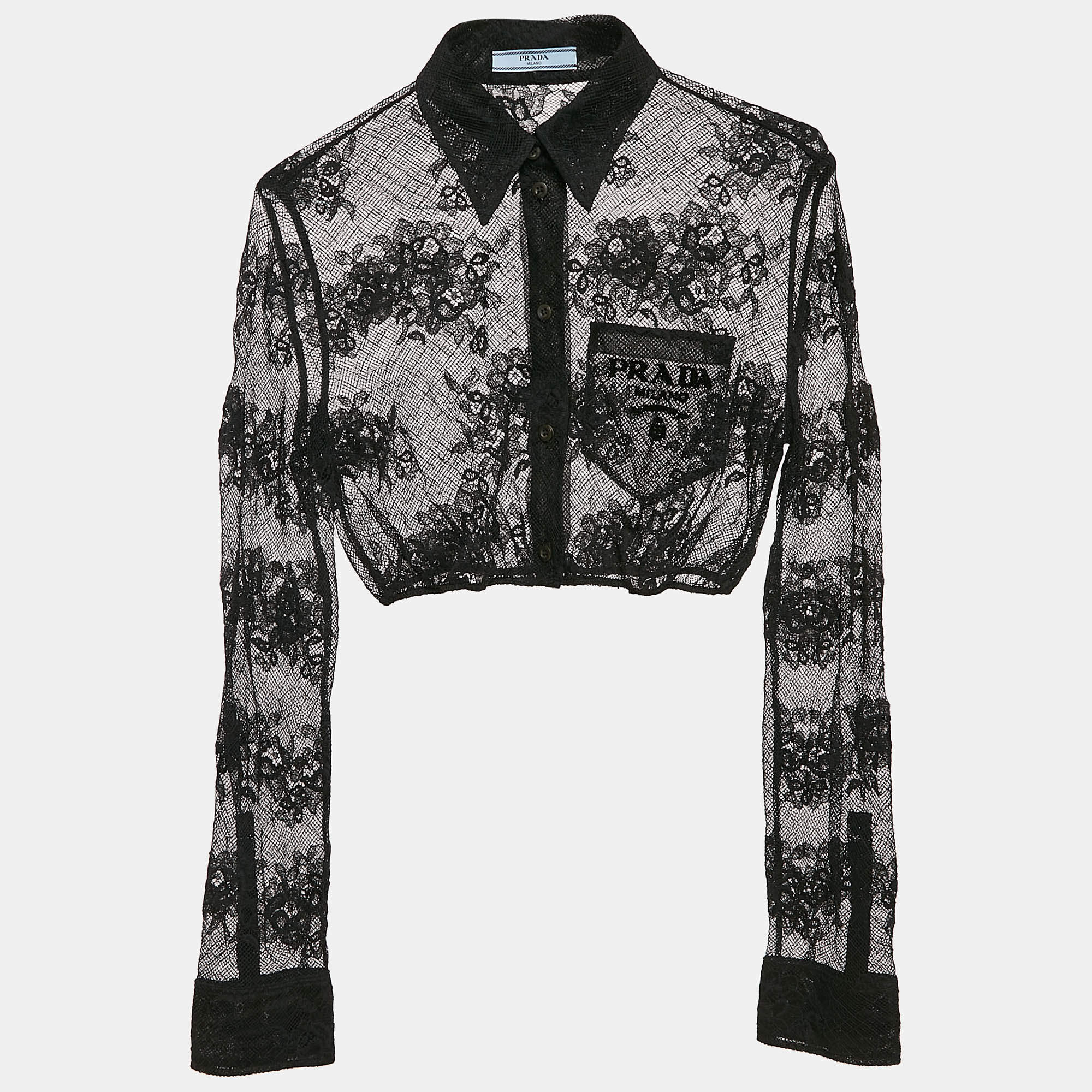 Pre Owned Prada Black Logo Embroidered Chantilly Lace Sheer Crop Shirt S