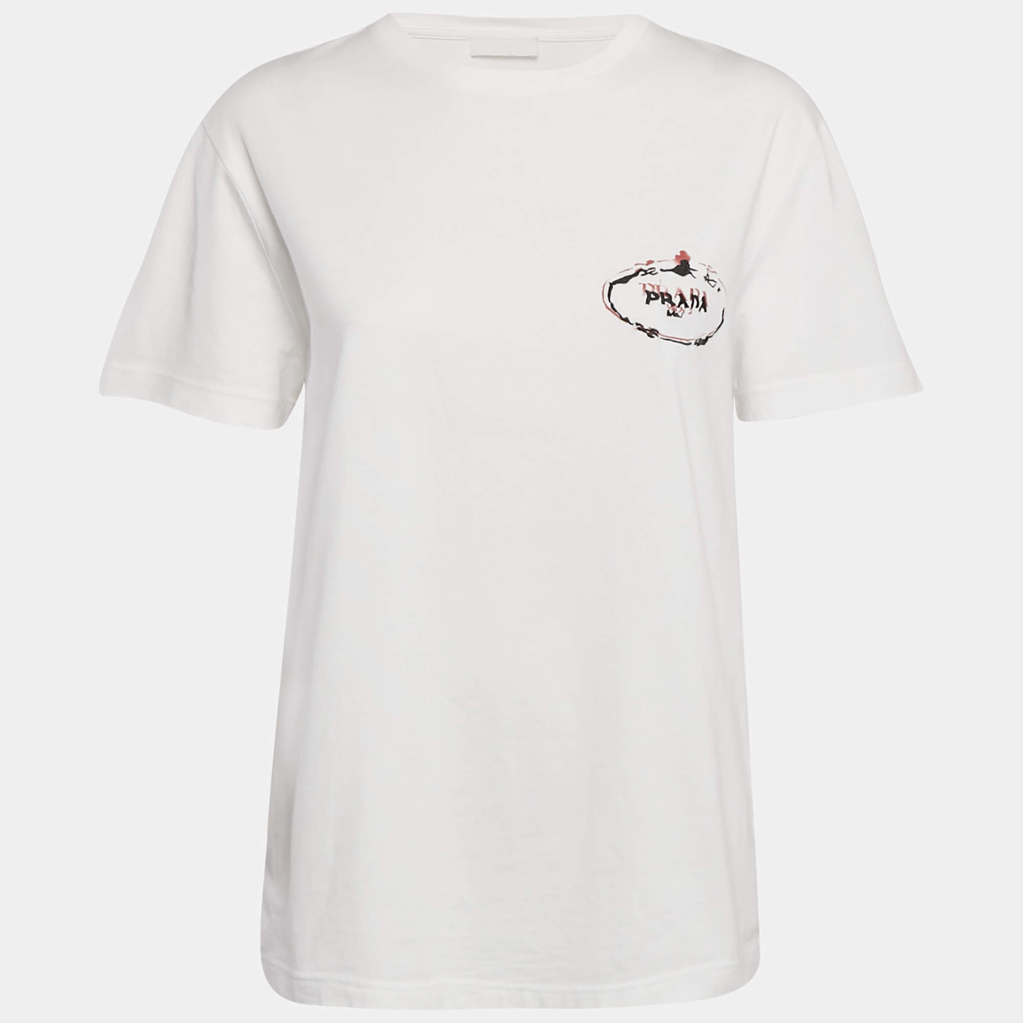 Pre Owned Prada White Logo Embroidered Jersey Crew Neck T-Shirt L