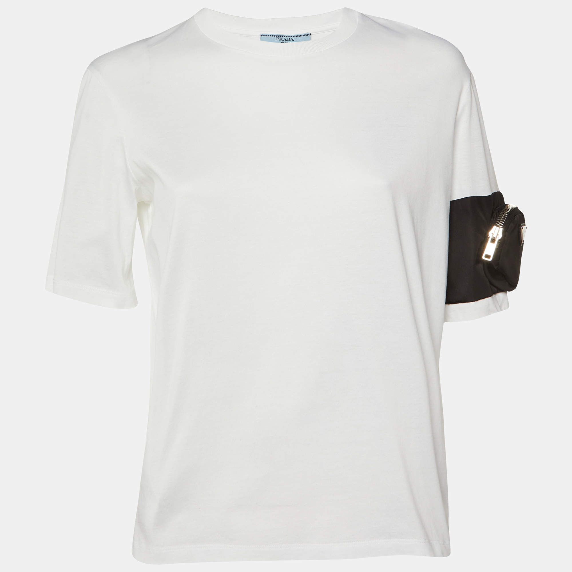 Pre Owned Prada White Cotton Zip Pocket Sleeve Detail Crew Neck T-Shirt S