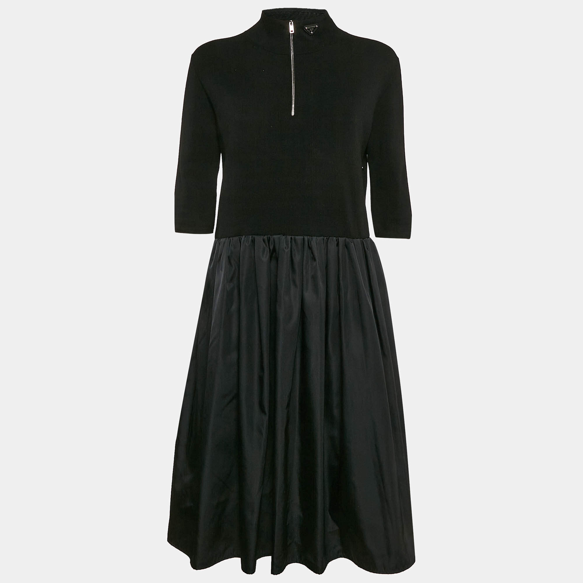 Prada Black Nylon and Knit Midi Dress L