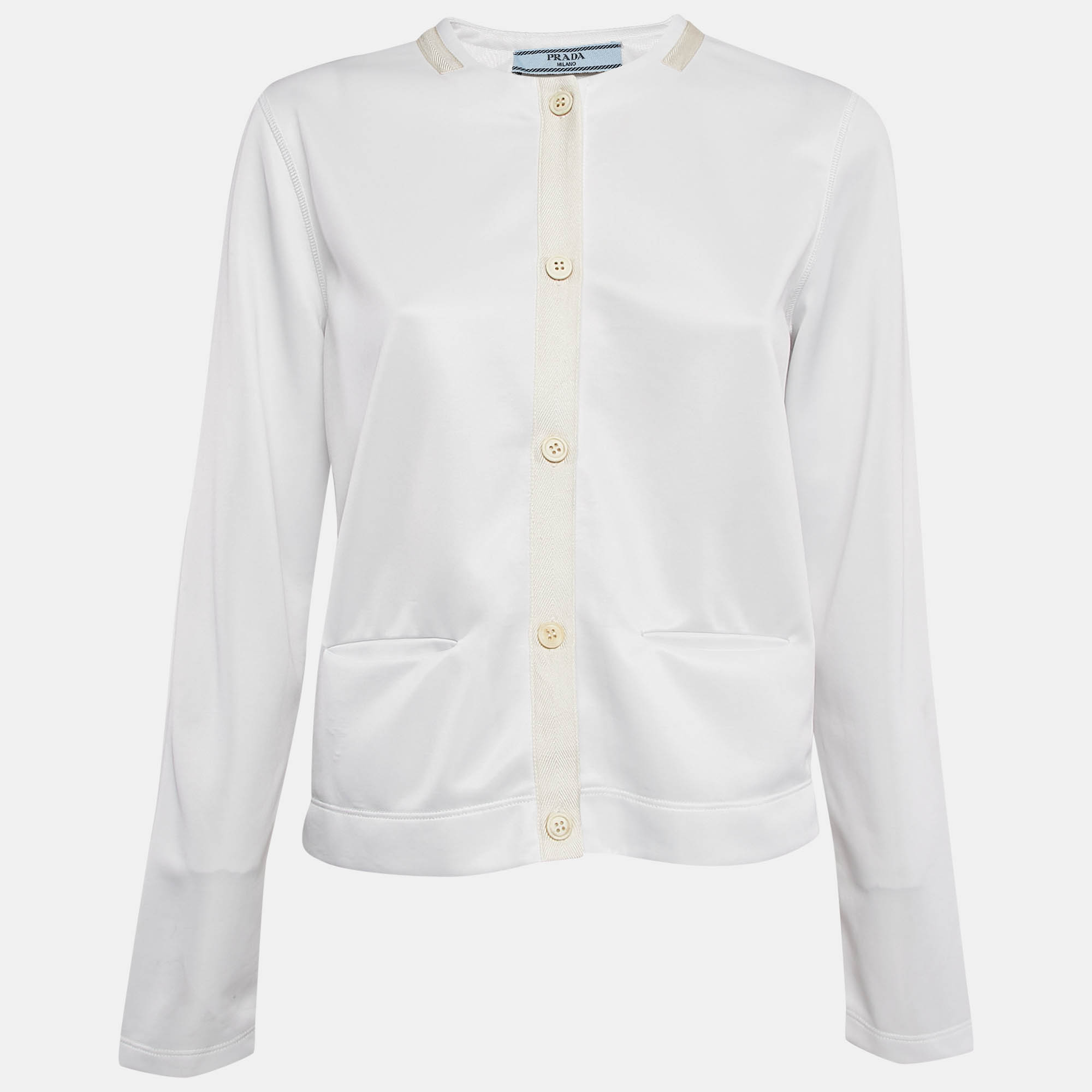Prada White Jersey Button Front Silk Trimmed Blouse L