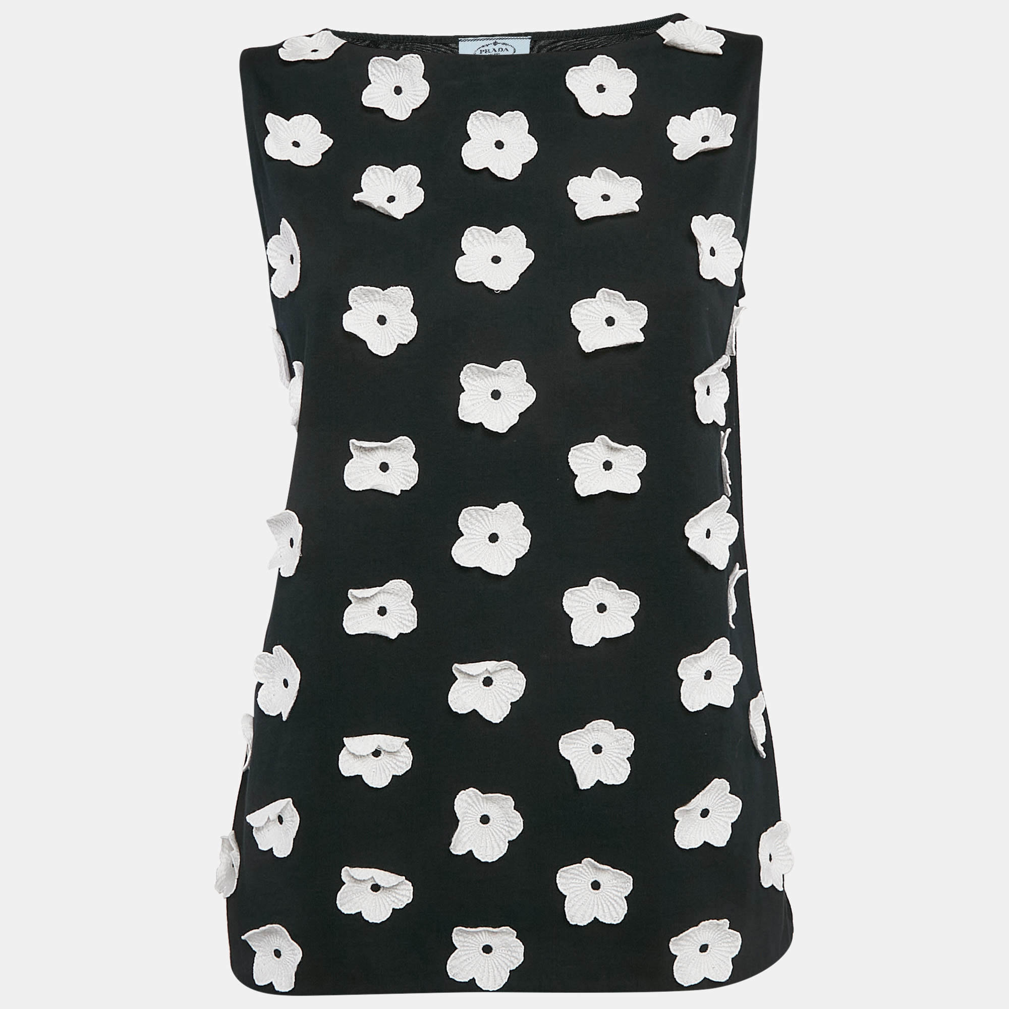 Pre Owned Prada Black Daisy Embroidered Cotton Knit Sleeveless Top M