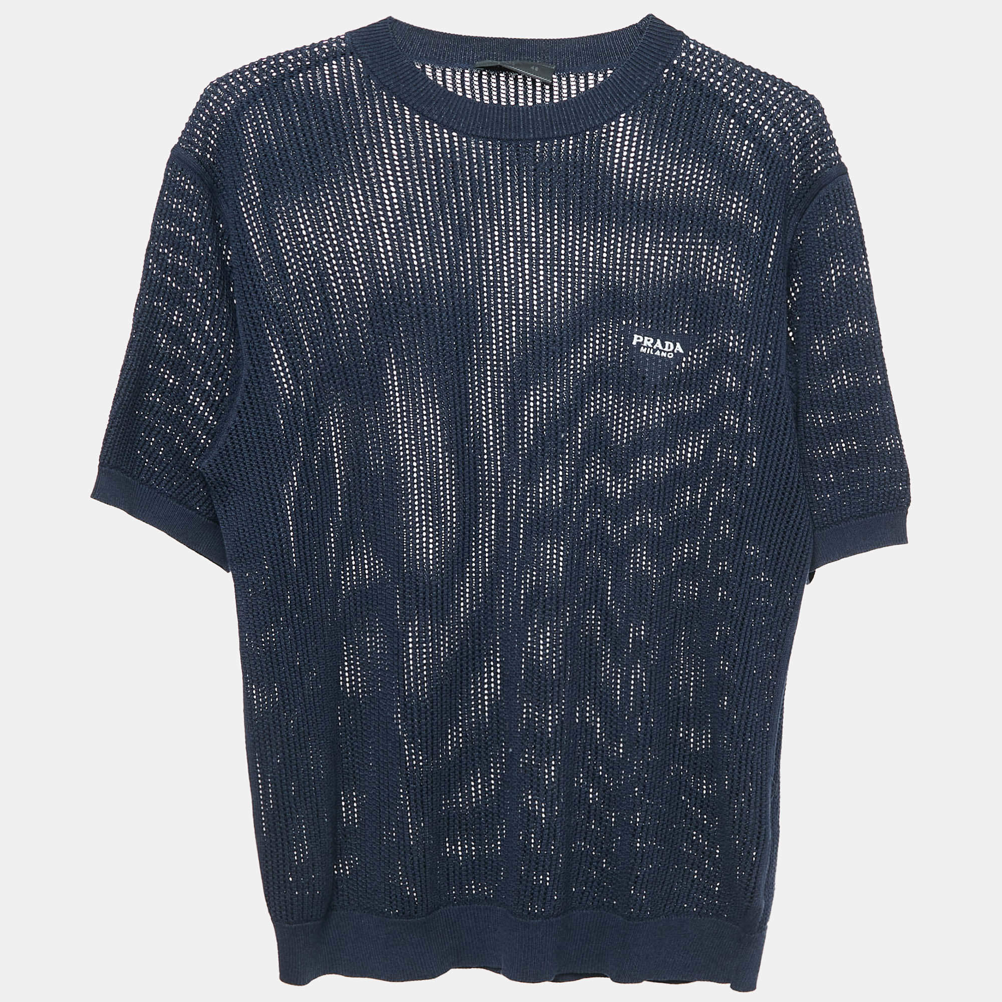 Prada Navy Blue Pinhole Pattern Silk and Cotton Sweater L
