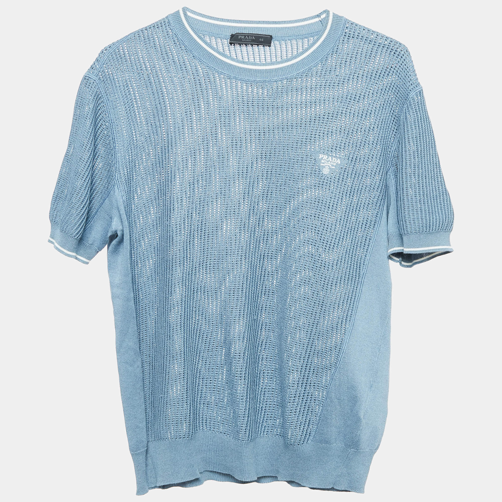  Prada Blue Silk and Cotton Crew Neck Sweater S