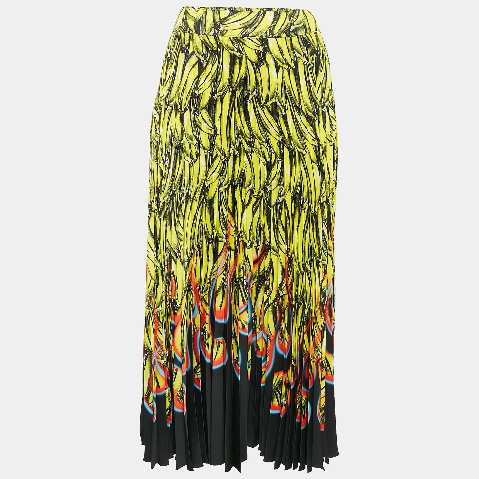 Prada Multicolor Banana Print Plisse Midi Skirt M